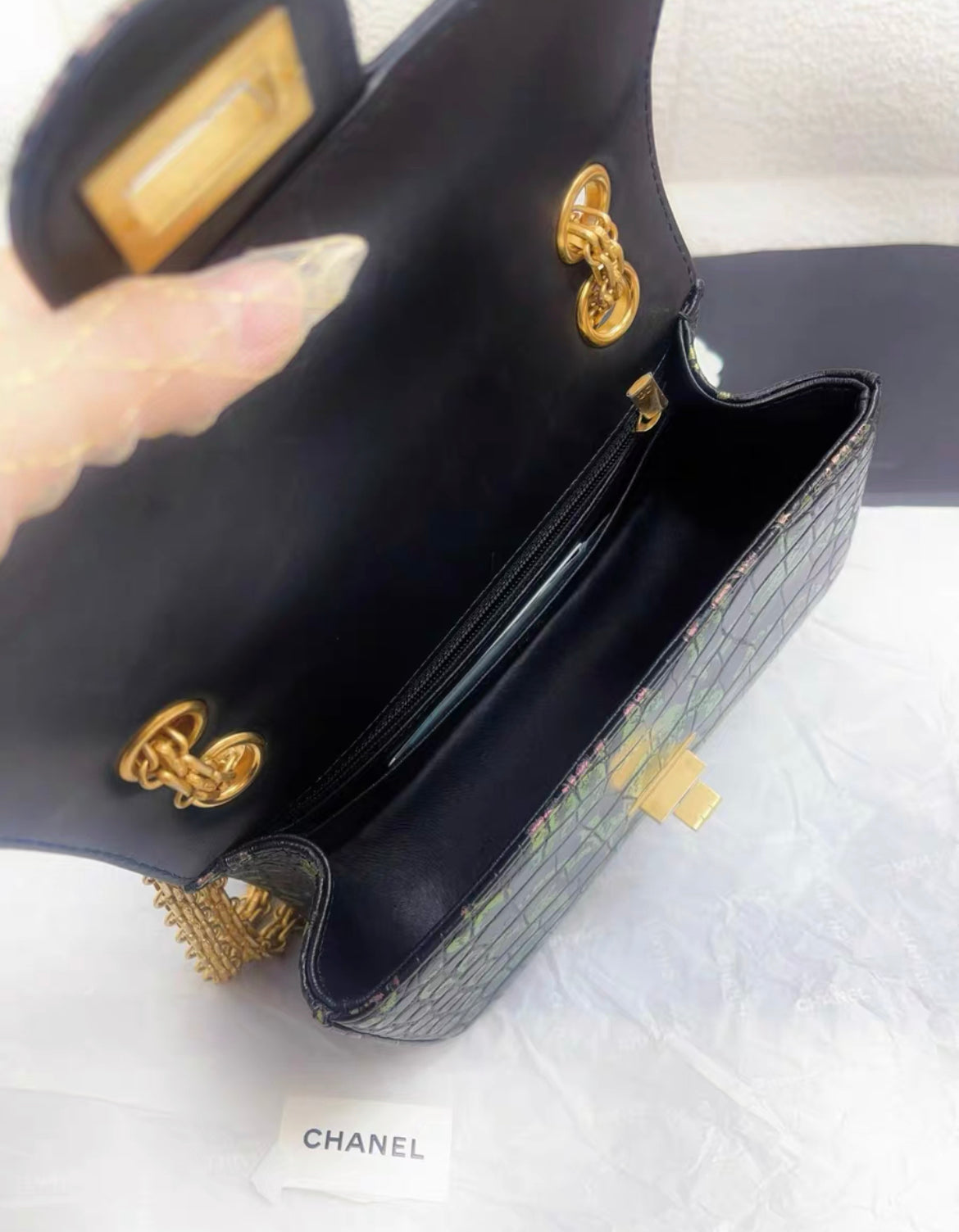 CHANEL 19A IRIDESCENT PINK, GREEN AND GOLD GRAFFITI PRINT BLACK CROCODILE 2.55 MINI CLASSIC FLAP BAG
