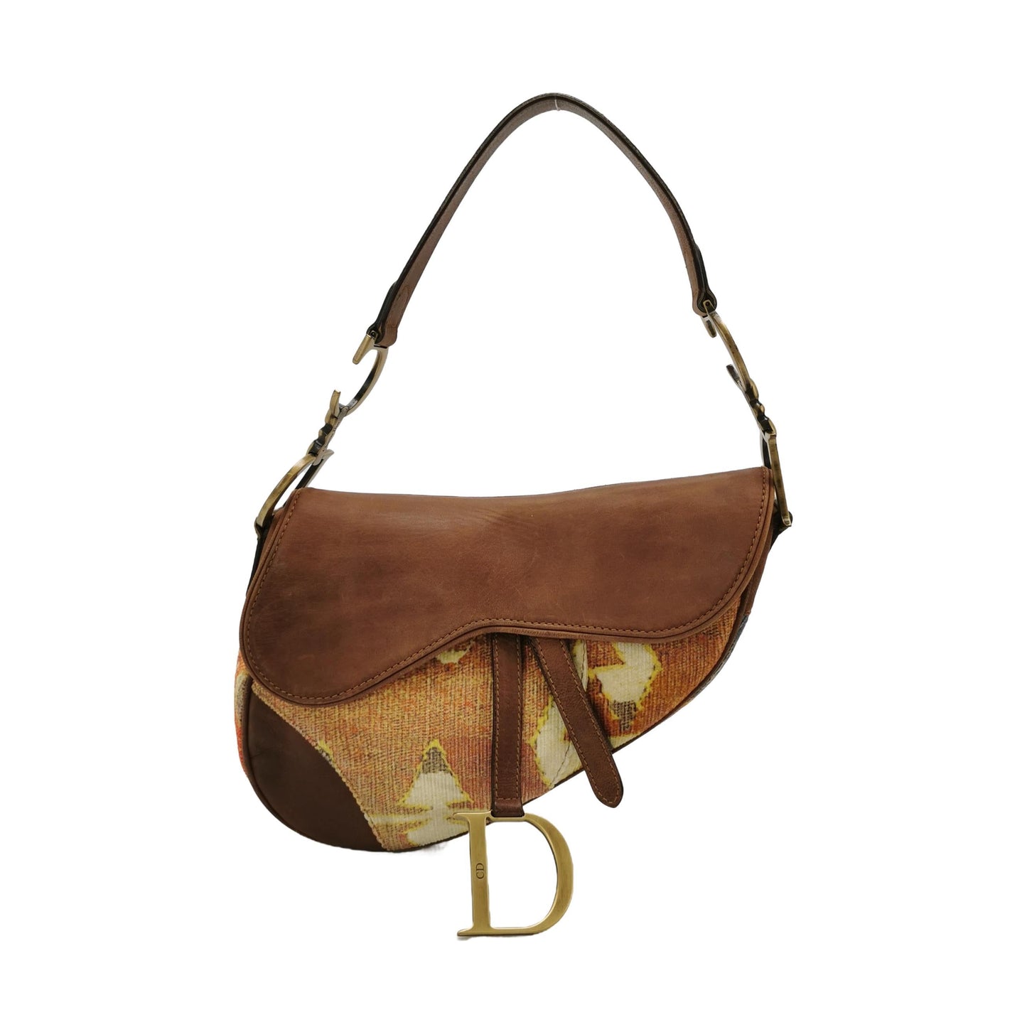 Dior Saddle Vintage Brown Leather Printed Velvet Gold Hardware Shoulder Bag