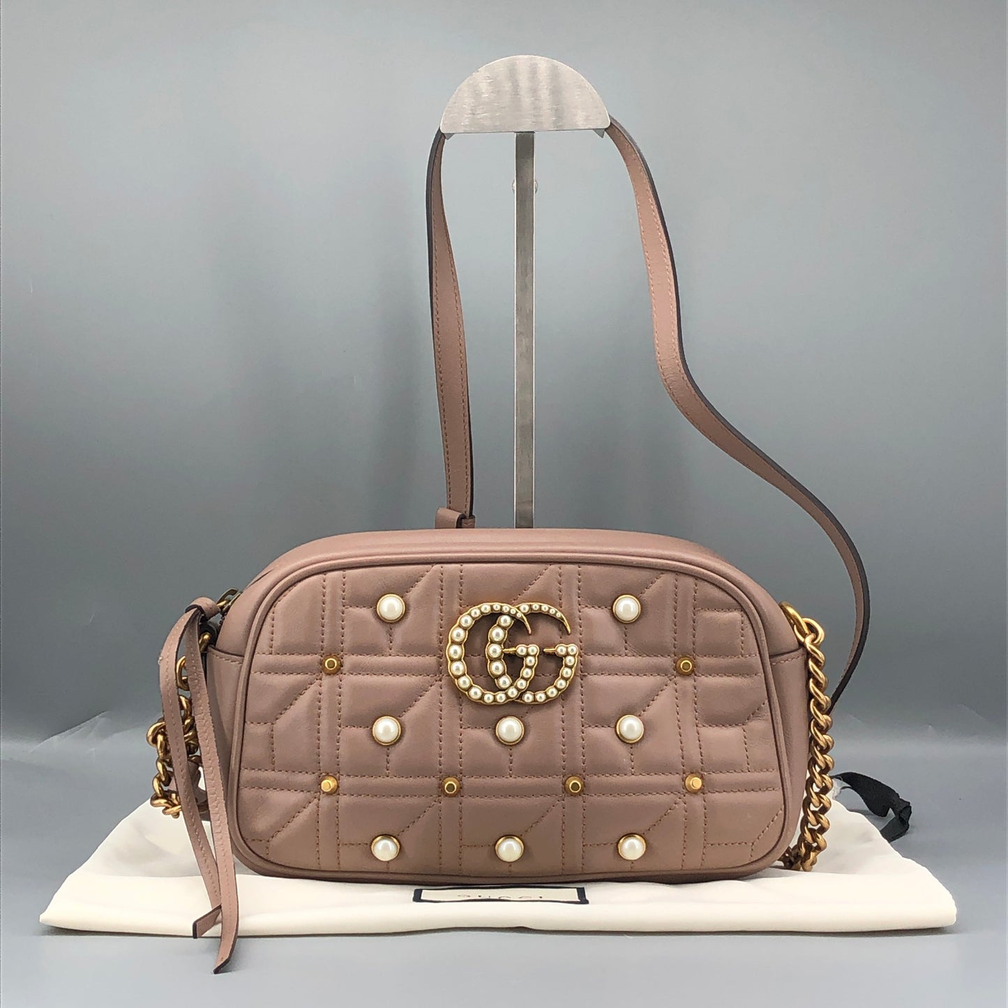 Gucci Dirty Pink Quilted Pearl GG Camera Crossbody Bag