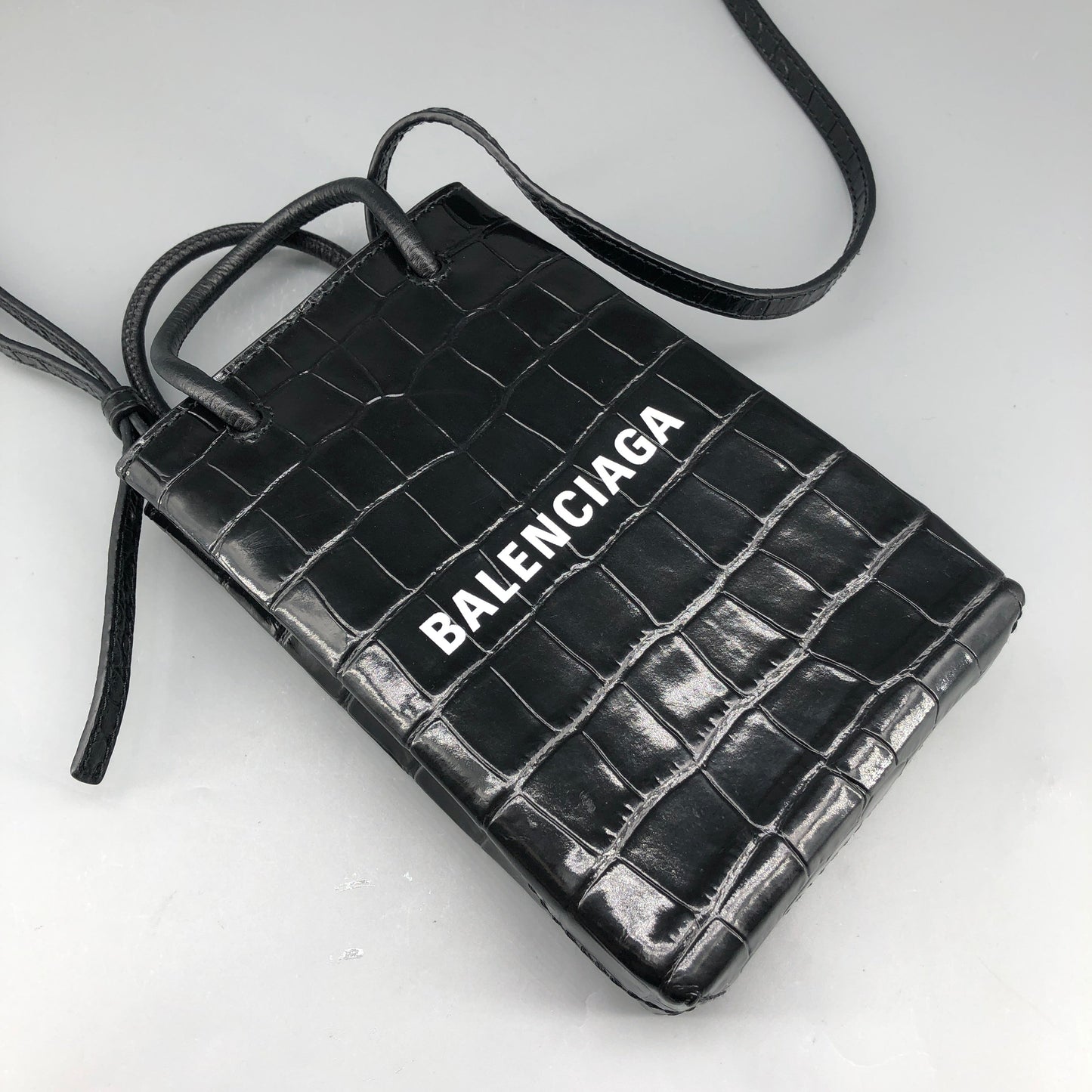 Balenciaga Logo Embossed Crocodile Embossed Leather Mini Vertical Phone Bag Black