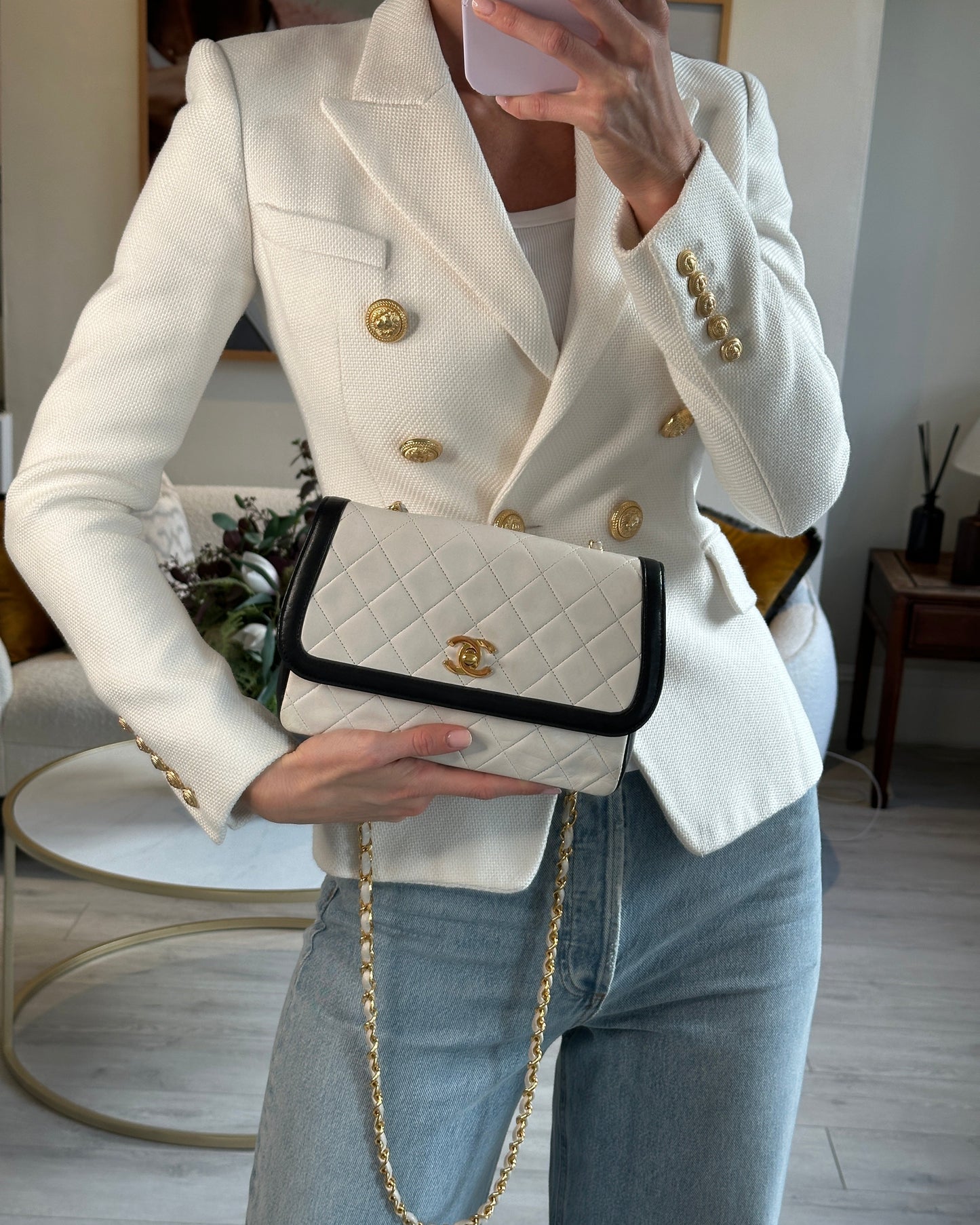Chanel White, Black Trim Matelasse Cross-Body Bag in Lambskin Leather with 24K Gold Hardware
