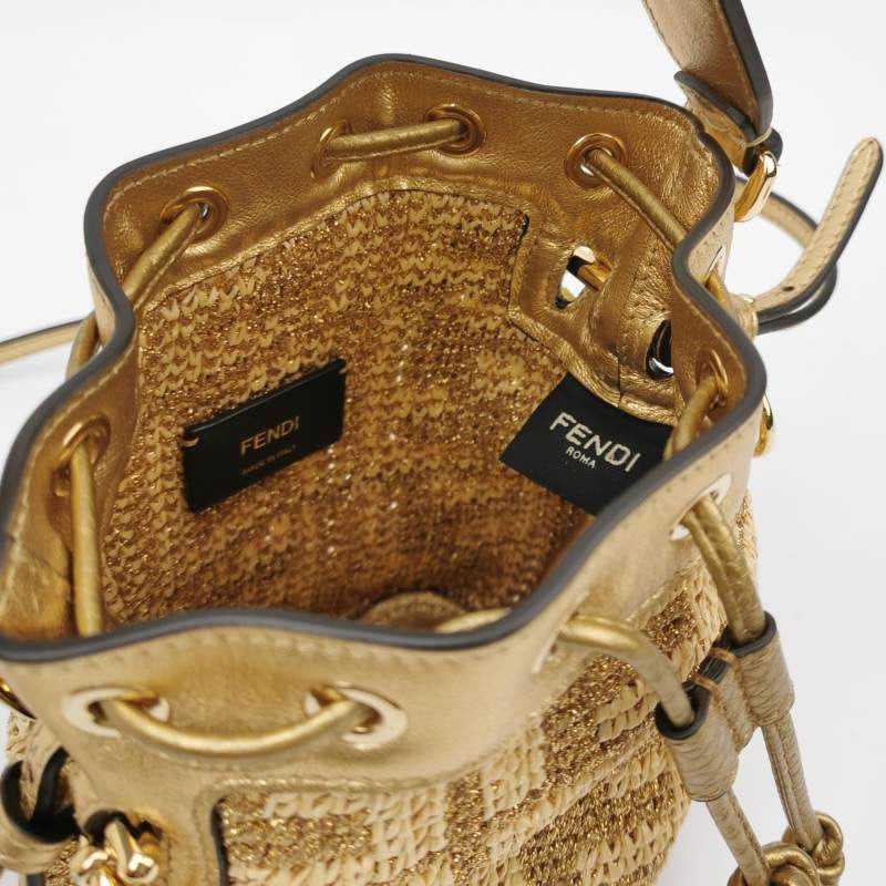 Fendi Mon Tresor Mini Bucket Bag Gold Raffia Thread and Leather Crossbody Bag