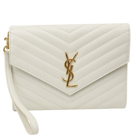 YVES SAINT LAURENT Monogram Leather Wristlet Clutch White