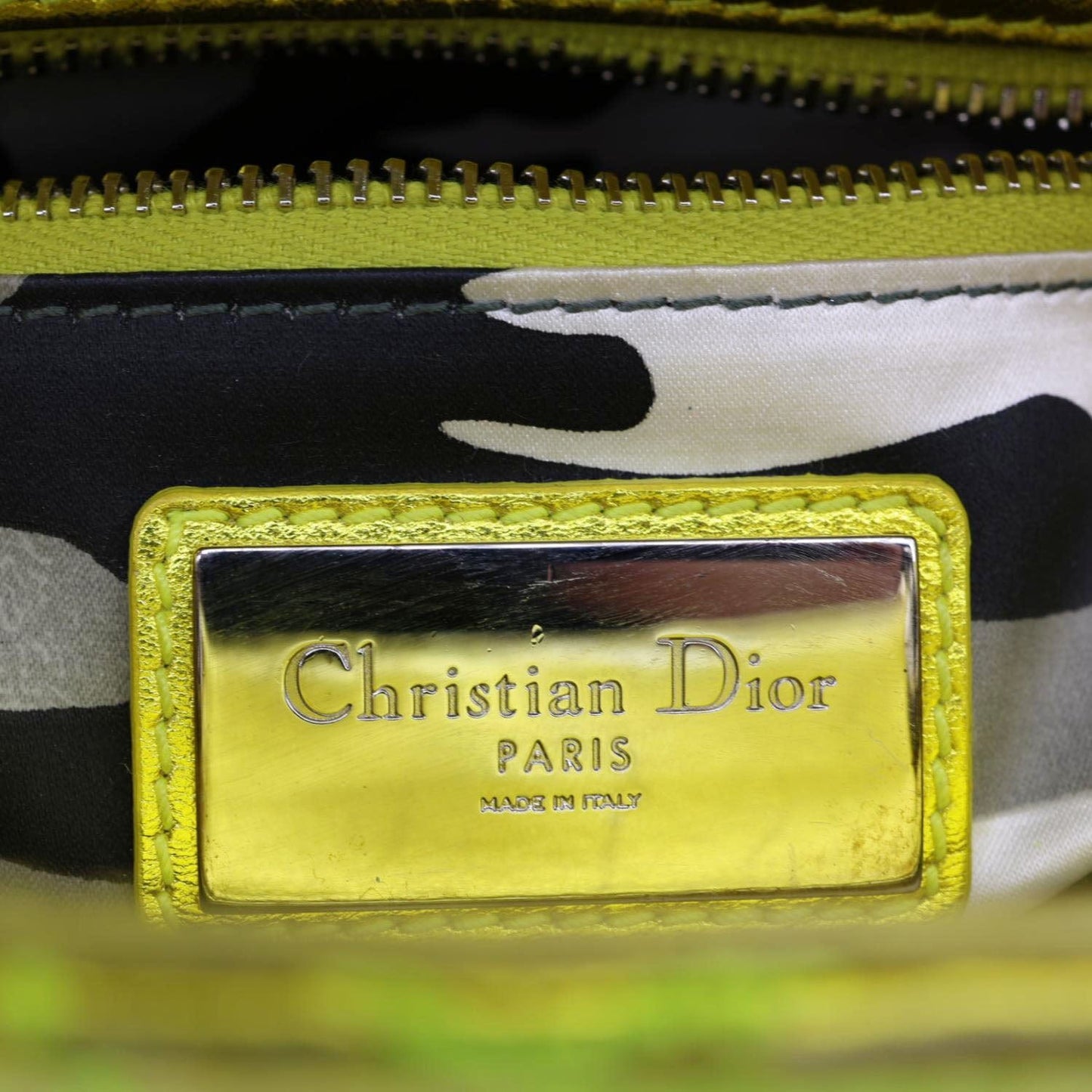 CHRISTIAN DIOR Lady Dior Mini Metallic Leather Shoulder Bag Neon Yellow