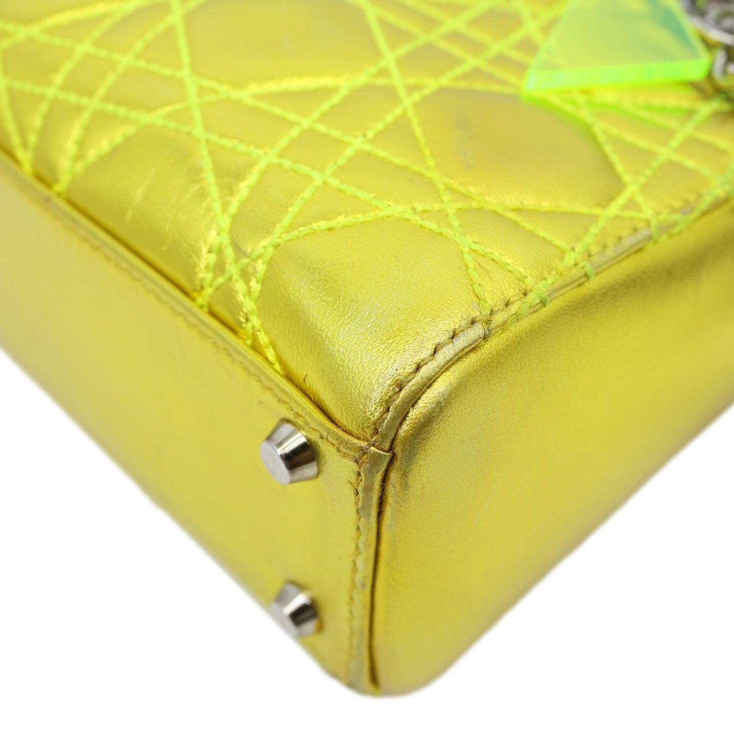 CHRISTIAN DIOR Lady Dior Mini Metallic Leather Shoulder Bag Neon Yellow