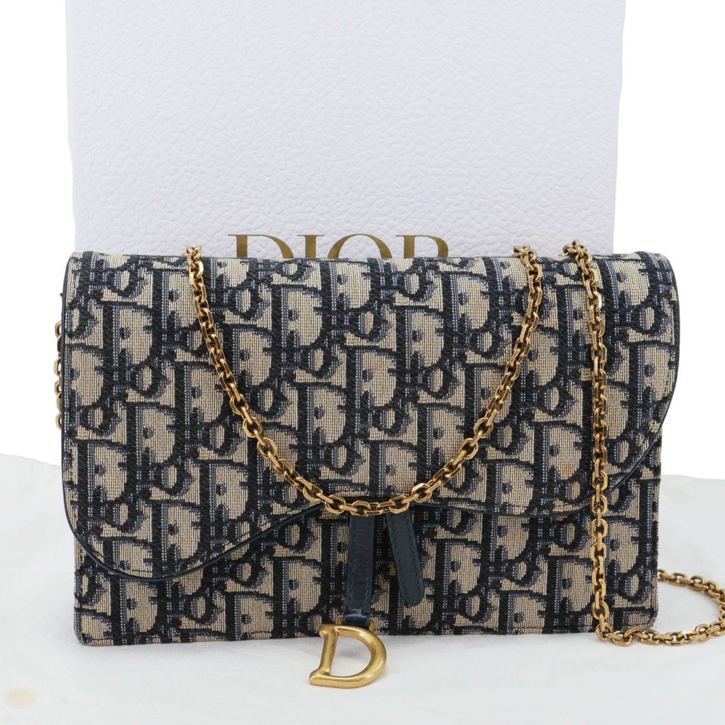 CHRISTIAN DIOR Saddle Oblique Jacquard Pouch Wallet On Chain Navy Blue