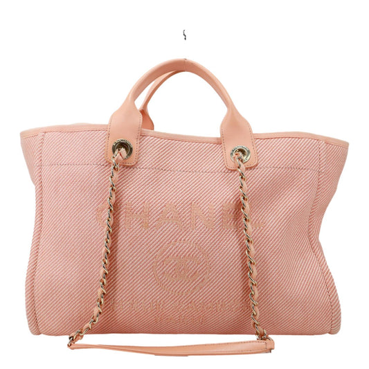 CHANEL Deauville Medium Mixed Fibers Canvas Calfskin Shopping Tote Bag Peach