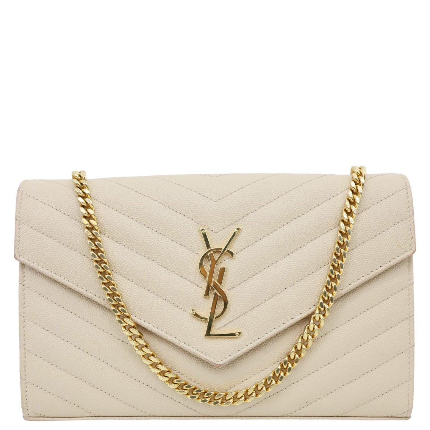YVES SAINT LAURENT Envelope Grain De Poudre Chevron Leather Wallet On Chain Beige