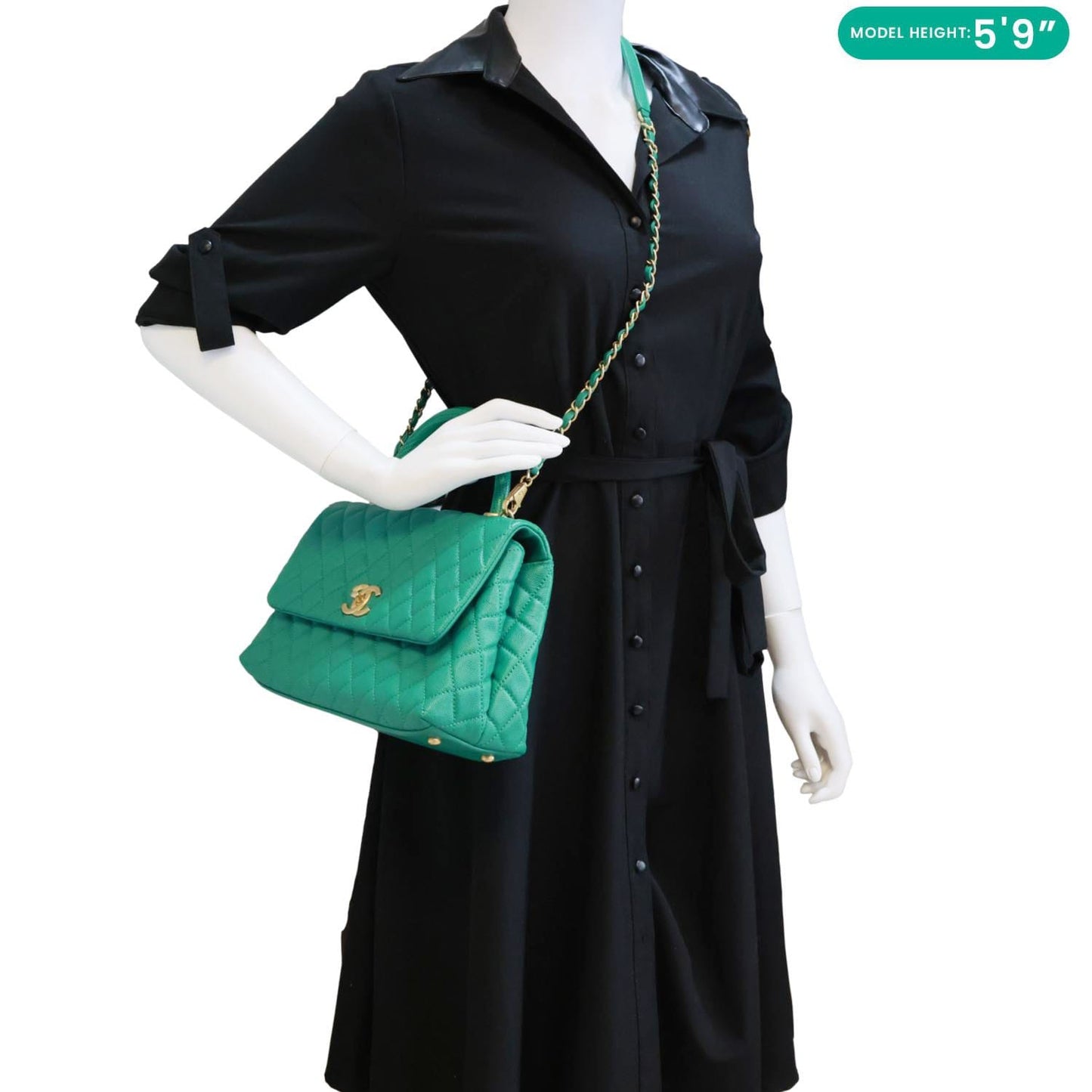 CHANEL Coco Handle Flap Small Quilted Caviar Leather Crossbody Bag Green