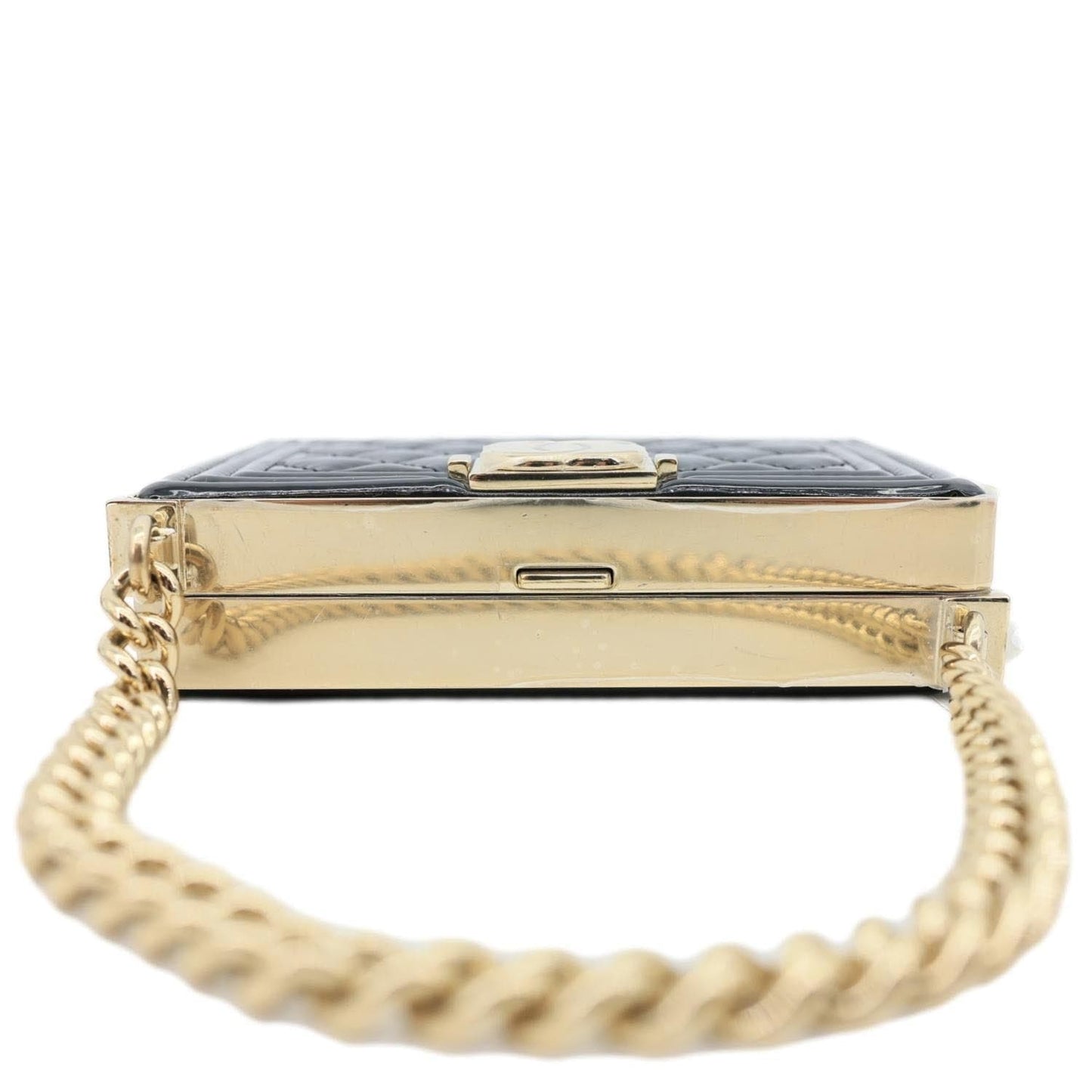 CHANEL Boy Minaudiere Quilted Patent Leather Chain Box Black