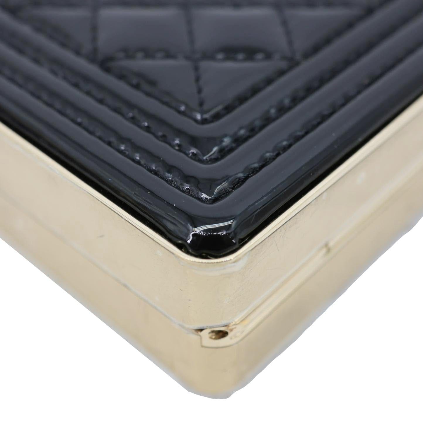 CHANEL Boy Minaudiere Quilted Patent Leather Chain Box Black