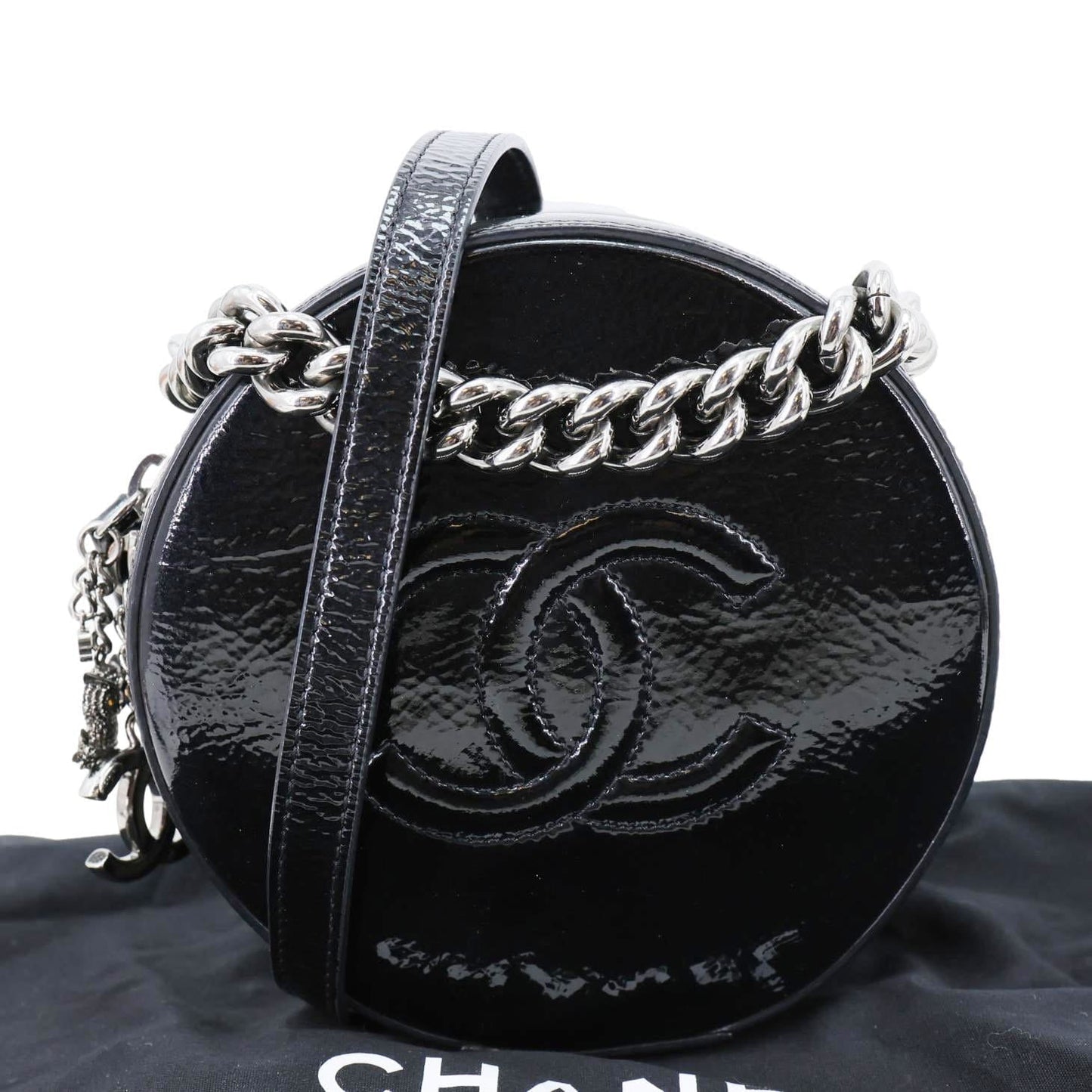 CHANEL Round as Earth Patent Leather Crossbody Bag Black
