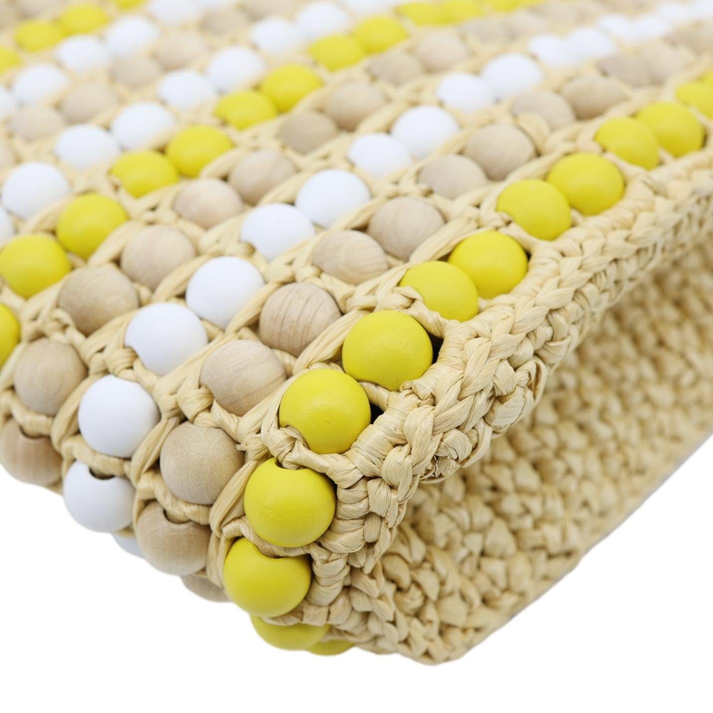 PRADA Embroidered Logo Raffia Wood Bead Tote Bag Multicolor