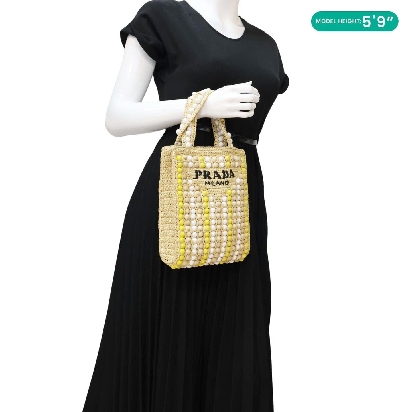 PRADA Embroidered Logo Raffia Wood Bead Tote Bag Multicolor