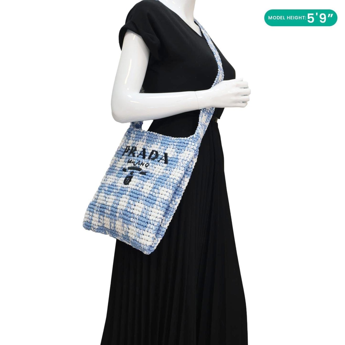 PRADA Embroidered Logo Yarn Crochet Tote Bag Blue