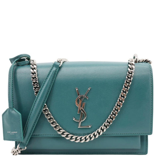 YVES SAINT LAURENT Monogram Sunset Medium Leather Satchel Crossbody Bag Green