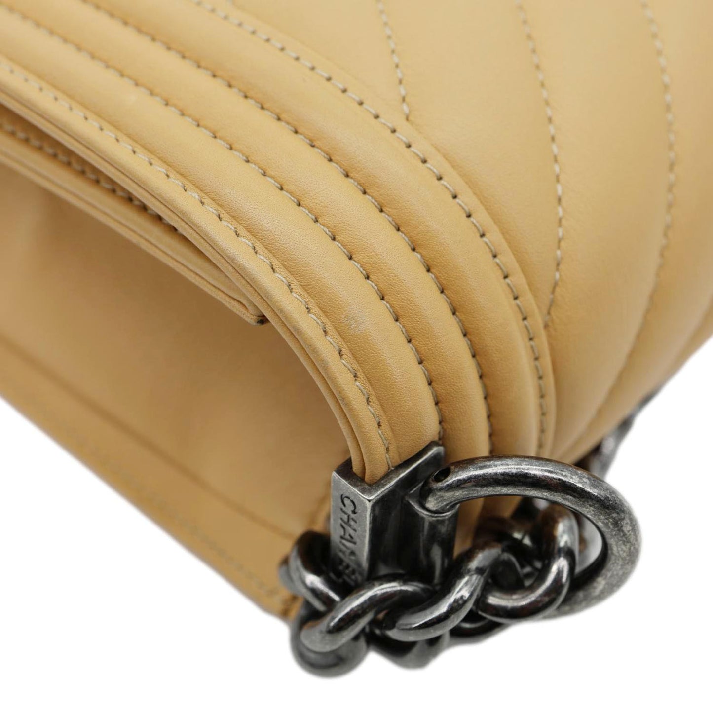 CHANEL Boy Flap Medium Chevron Calfskin Leather Chain Shoulder Bag Beige