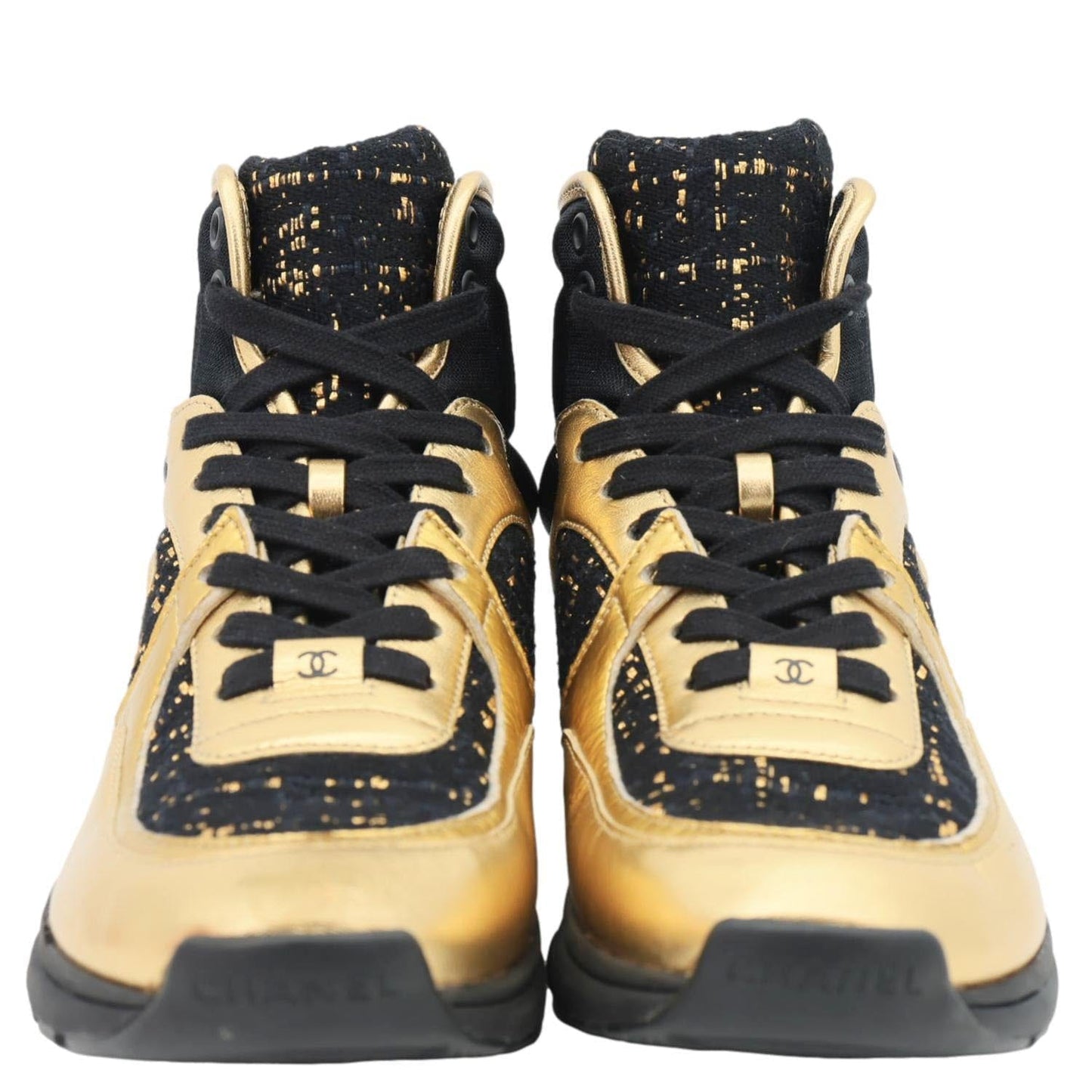 CHANEL CC Logo High Top Satin Lambskin Leather Sneakers Gold Size 36.5