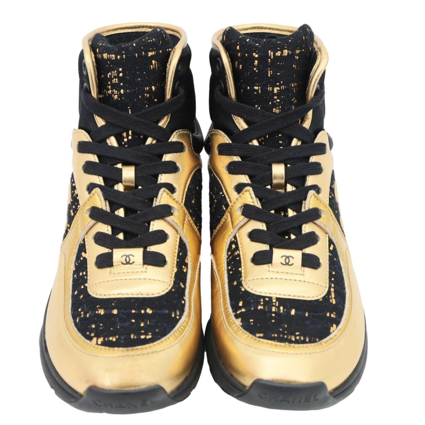 CHANEL CC Logo High Top Satin Lambskin Leather Sneakers Gold Size 36.5