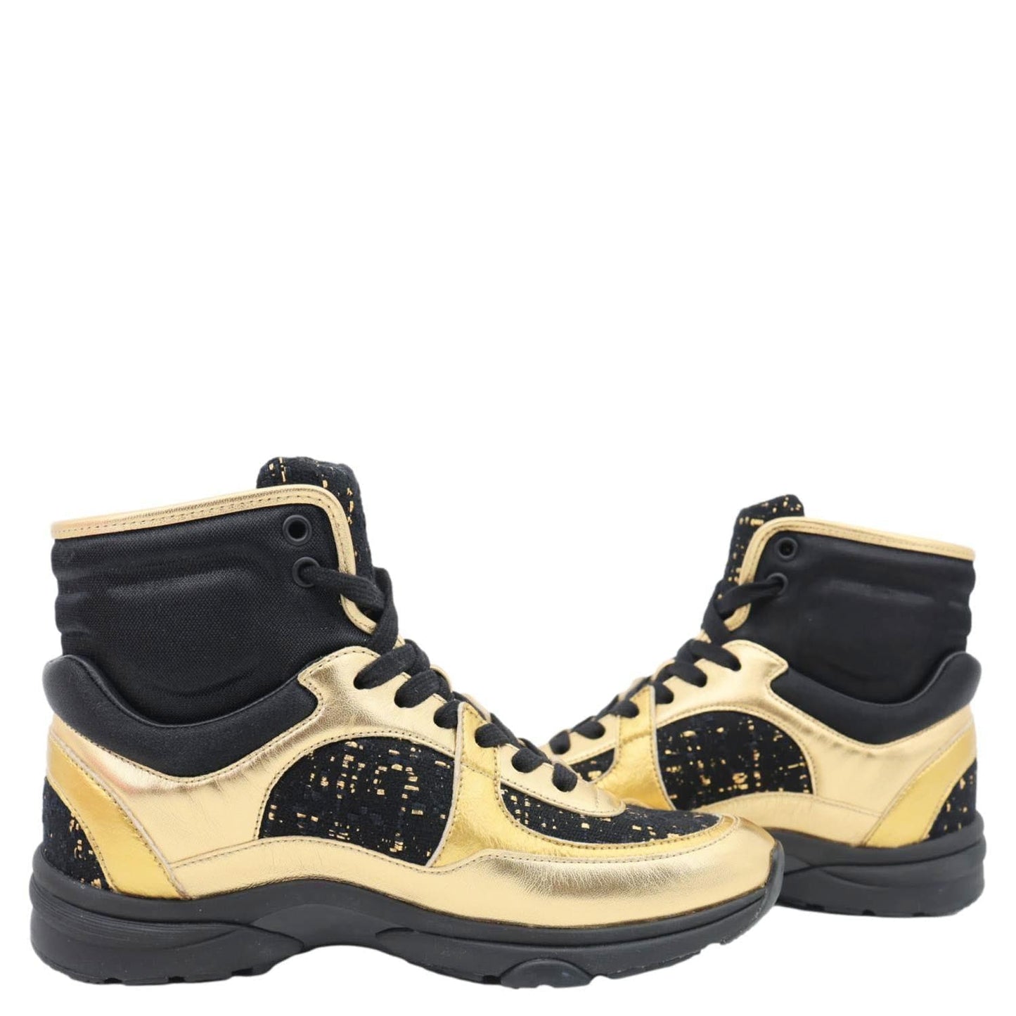 CHANEL CC Logo High Top Satin Lambskin Leather Sneakers Gold Size 36.5