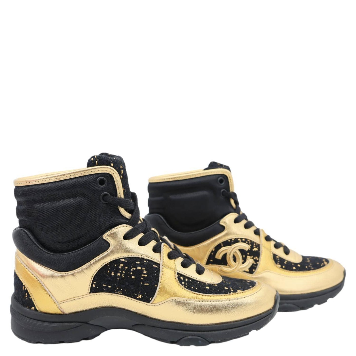 CHANEL CC Logo High Top Satin Lambskin Leather Sneakers Gold Size 36.5