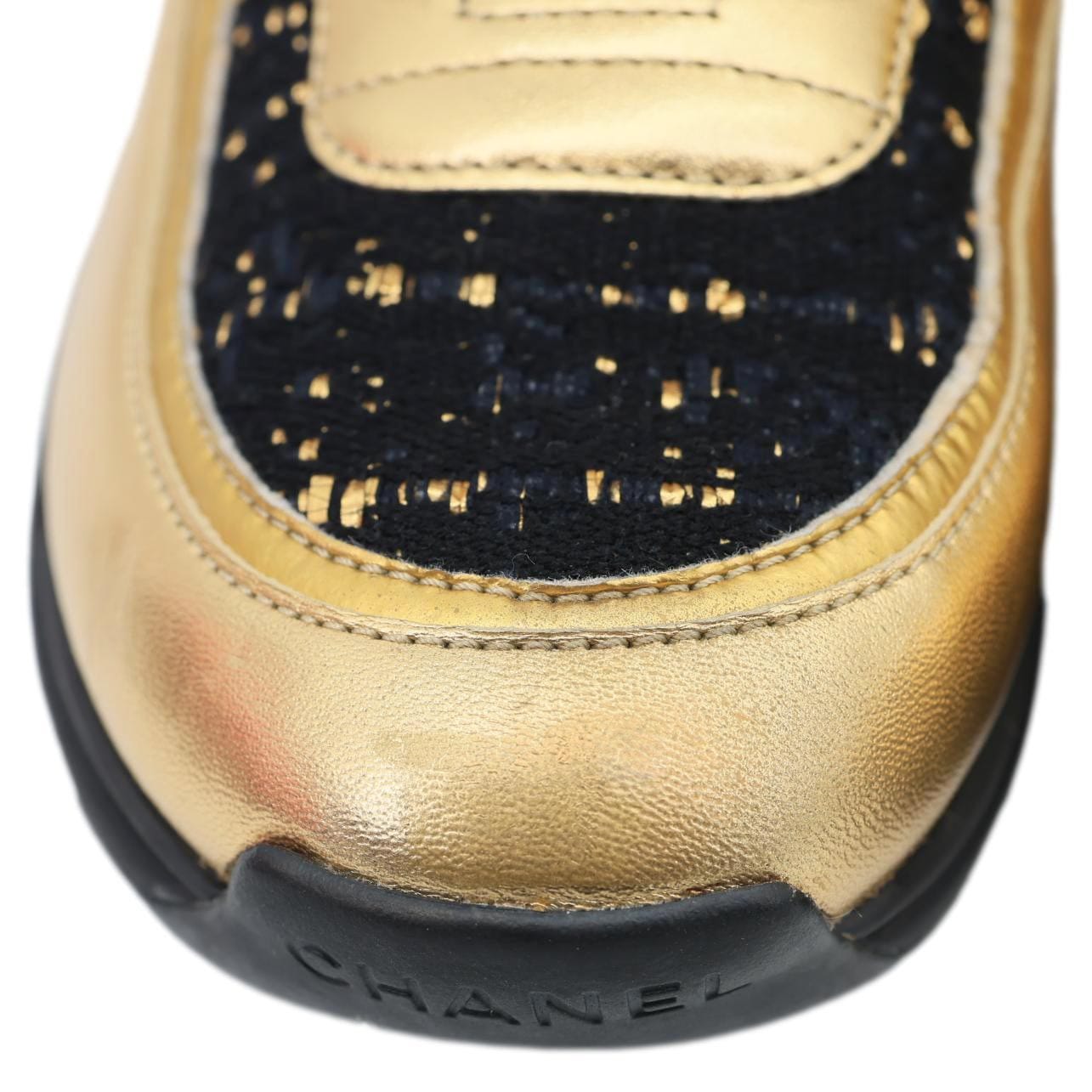 CHANEL CC Logo High Top Satin Lambskin Leather Sneakers Gold Size 36.5