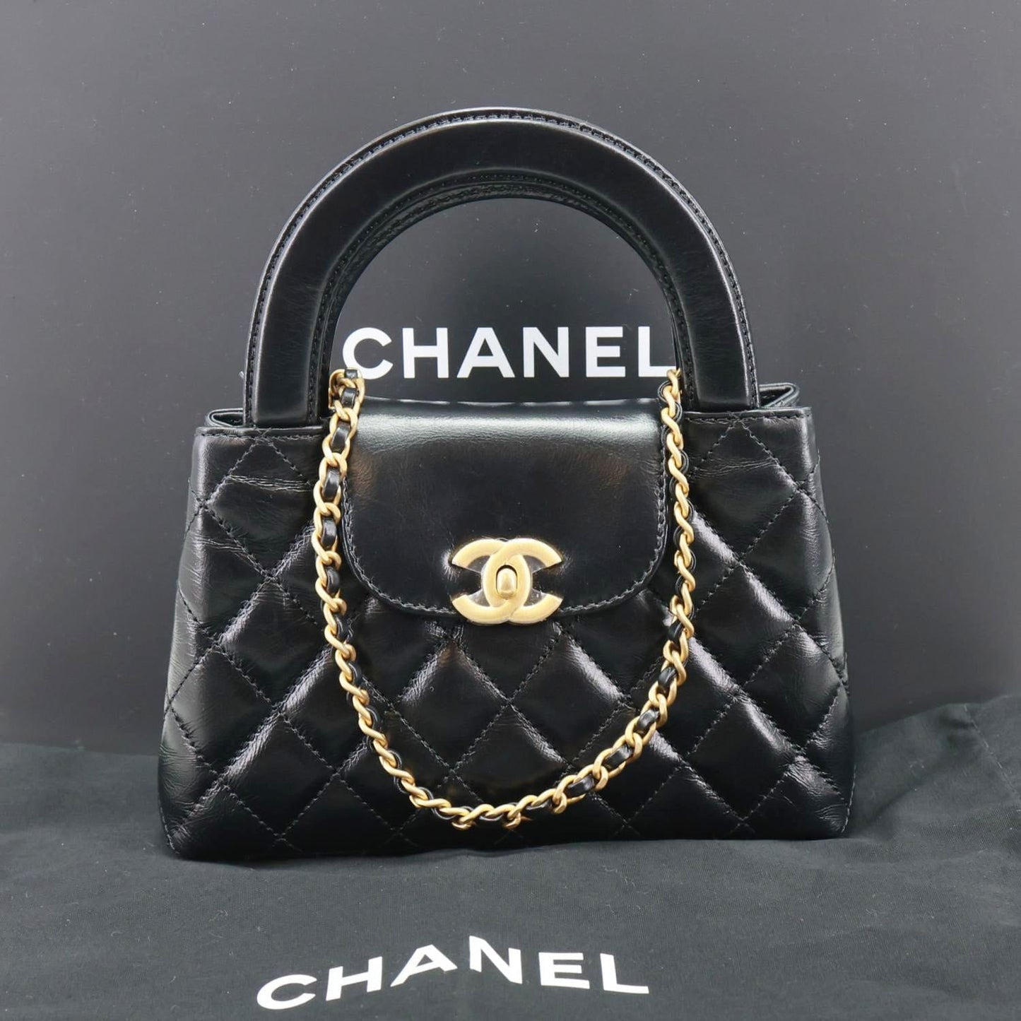 CHANEL Kelly Nano Quilted Aged Calfskin Leather Top Handle Shoulder Bag Black