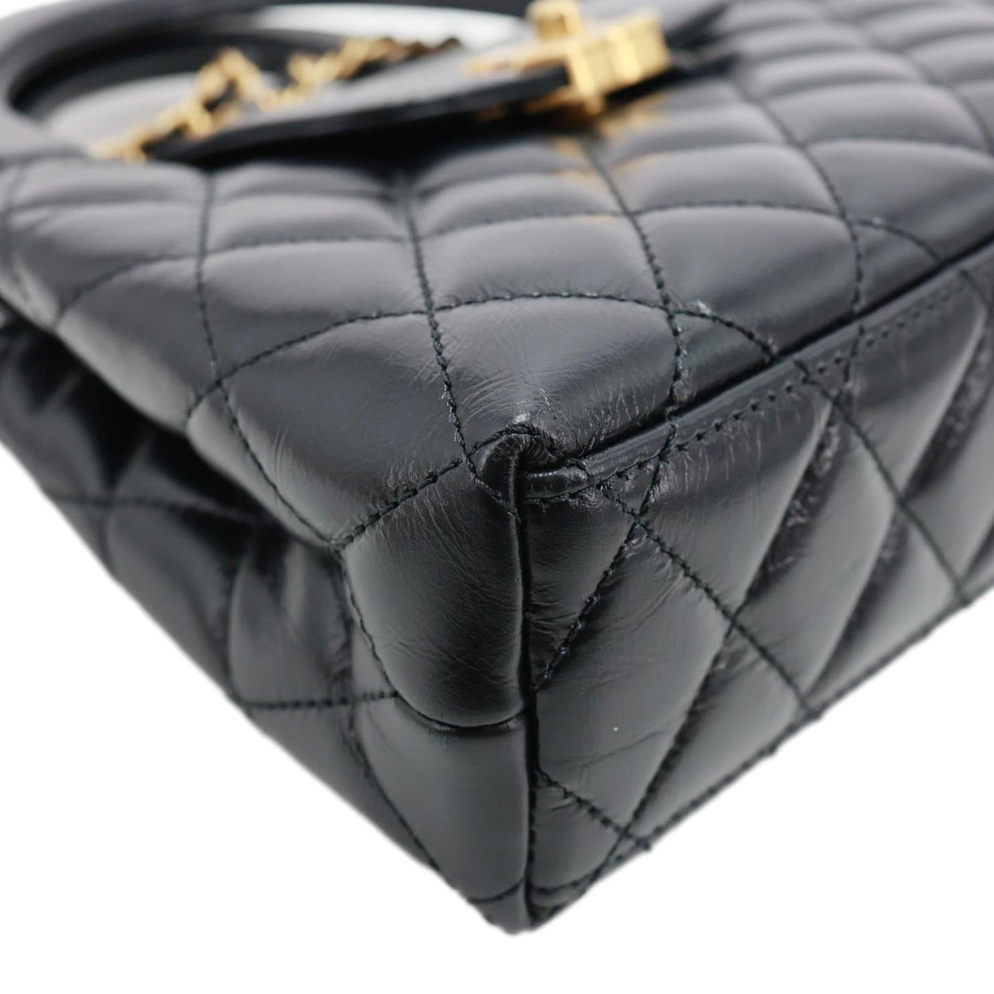 CHANEL Kelly Nano Quilted Aged Calfskin Leather Top Handle Shoulder Bag Black