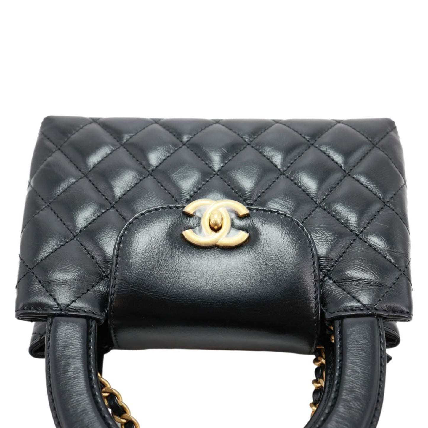 CHANEL Kelly Nano Quilted Aged Calfskin Leather Top Handle Shoulder Bag Black