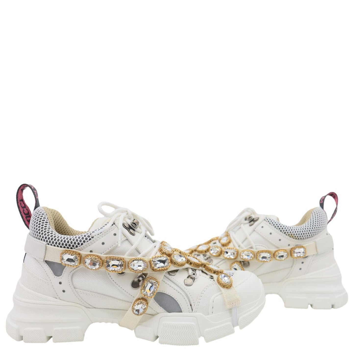 GUCCI Flashtrek Crystals Mesh Leather Sneakers White Size 10.5