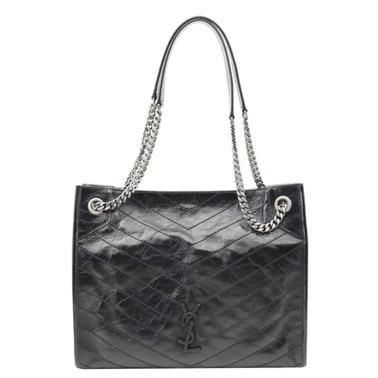 YVES SAINT LAURENT Niki Medium Crinkled Leather Shopping Tote Bag Black