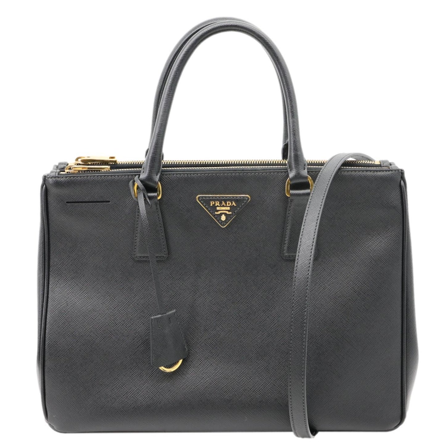 PRADA Galleria Double Zip Saffiano Leather Top Handle Shoulder Bag Black