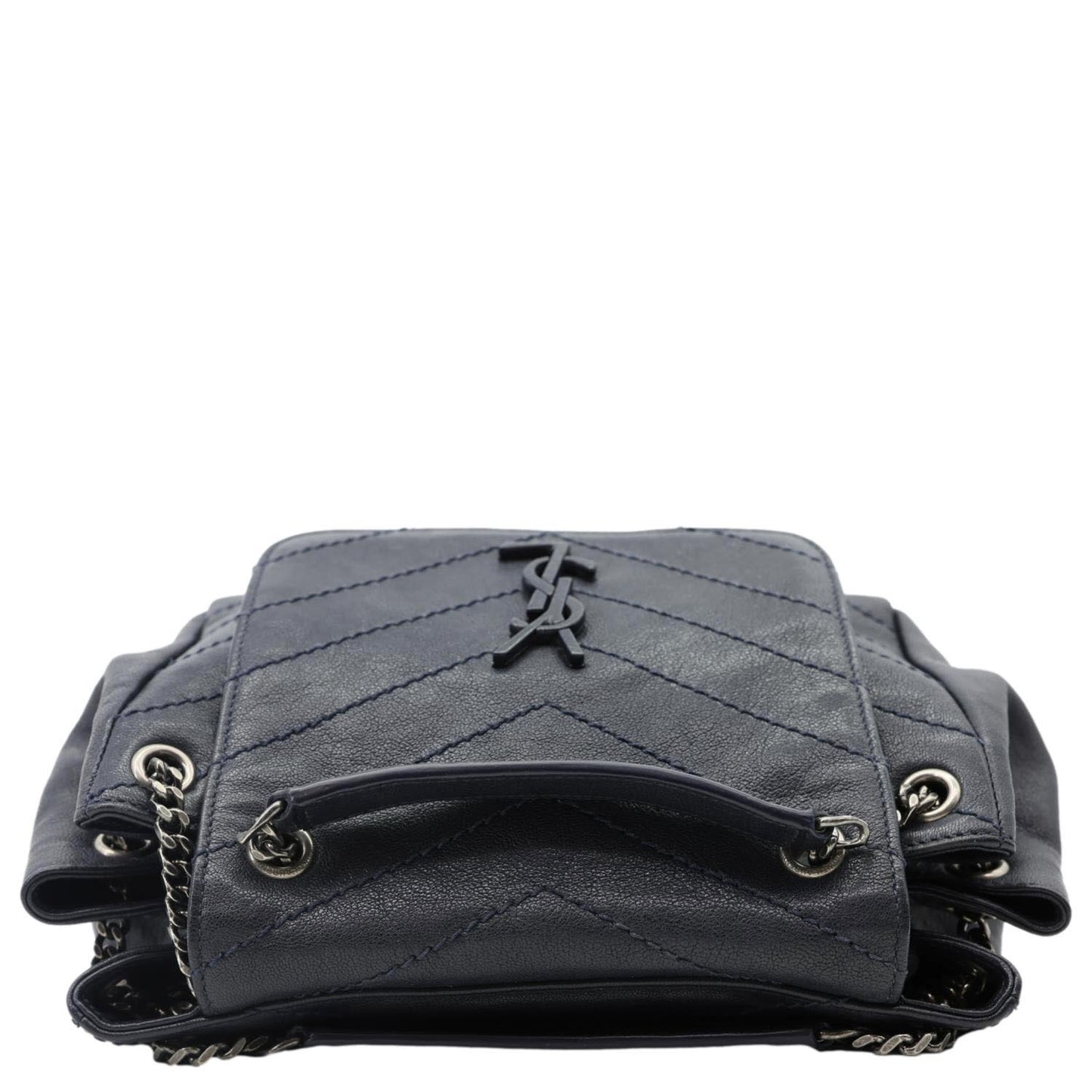 YVES SAINT LAURENT Vintage Monogram Nolita Chevron Leather Shoulder Bag Navy Blue