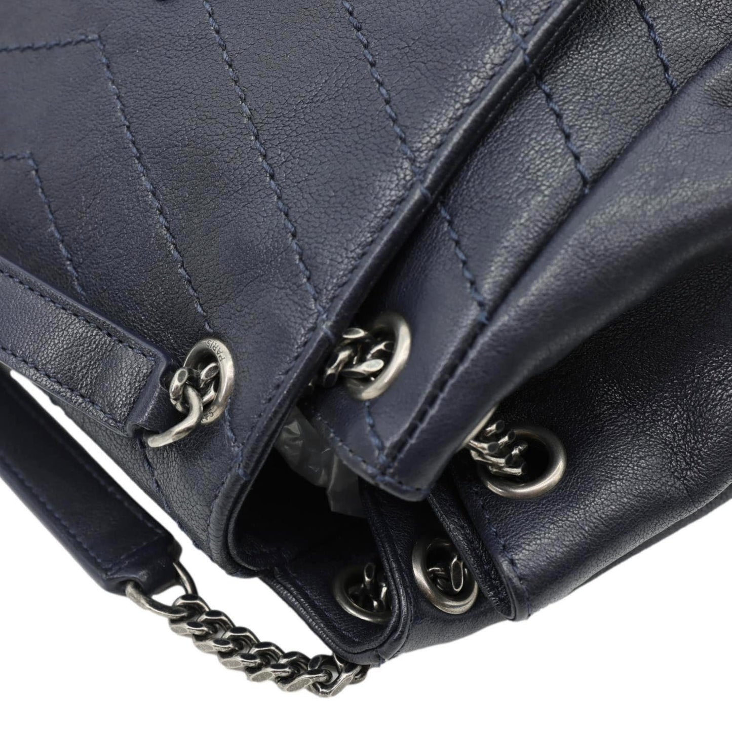 YVES SAINT LAURENT Vintage Monogram Nolita Chevron Leather Shoulder Bag Navy Blue