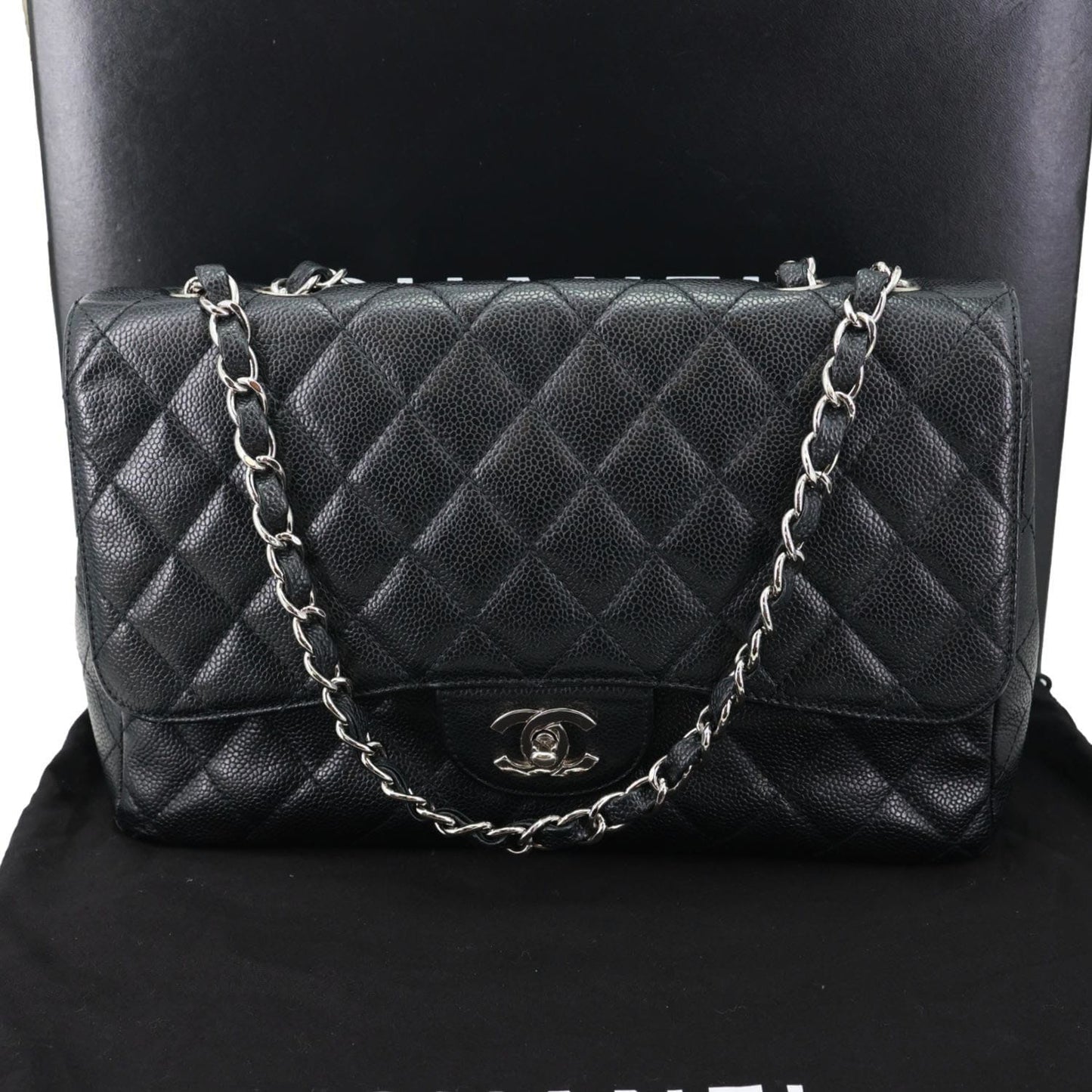 CHANEL Jumbo Classic Single Flap Quilted Caviar Leather Shoulder Bag Black