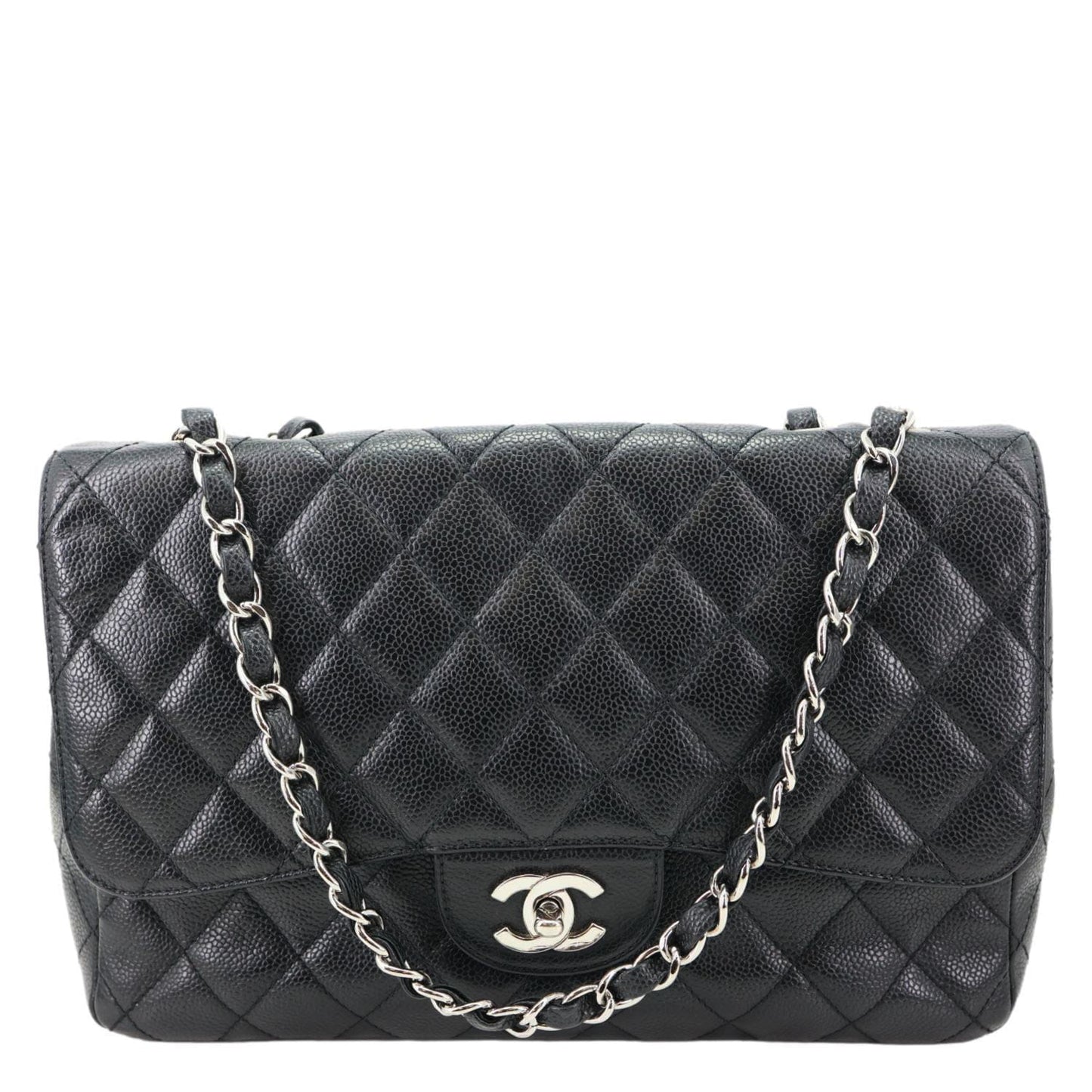 CHANEL Jumbo Classic Single Flap Quilted Caviar Leather Shoulder Bag Black