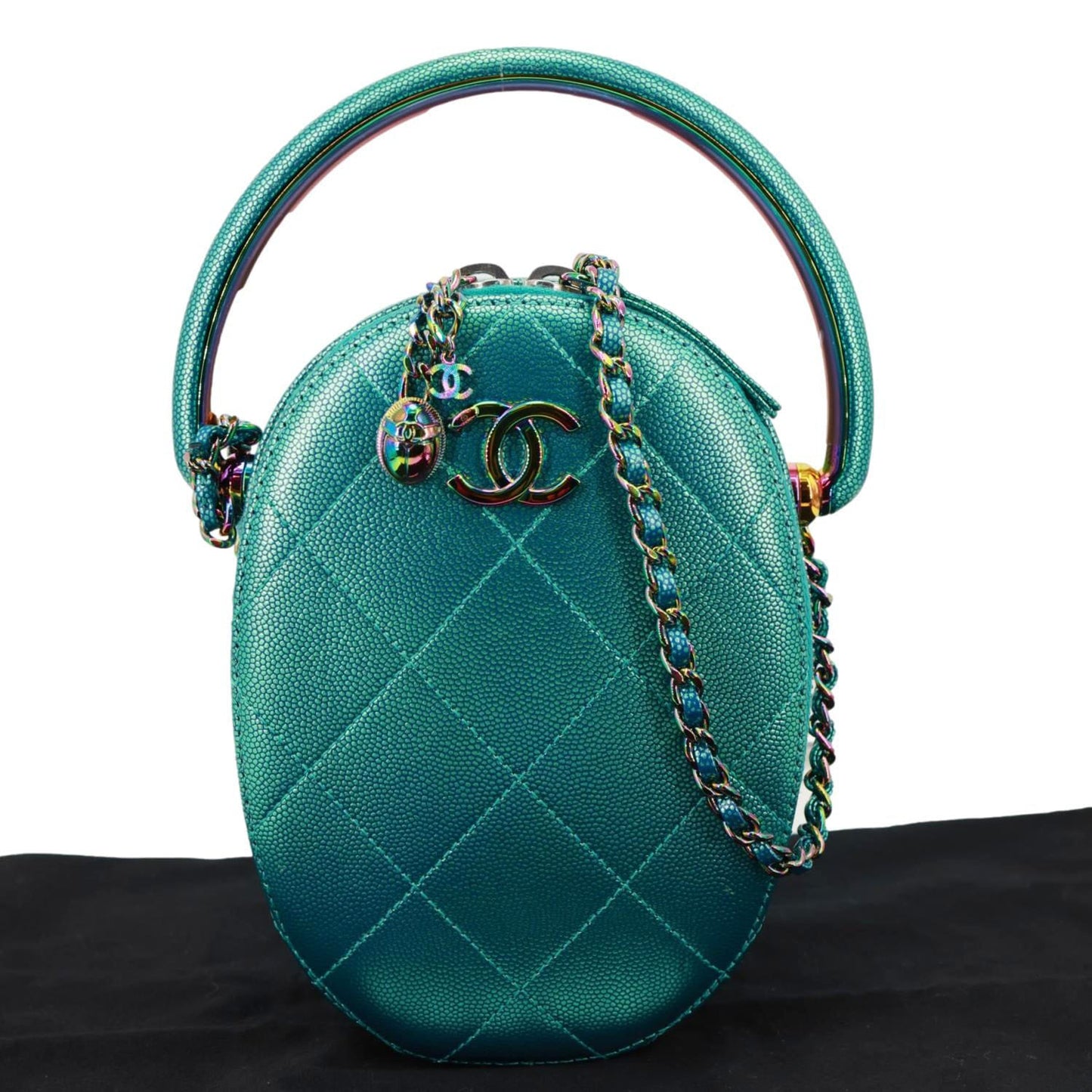 CHANEL Metallic Oval Quilted Caviar Leather Camera Bag Turquoise