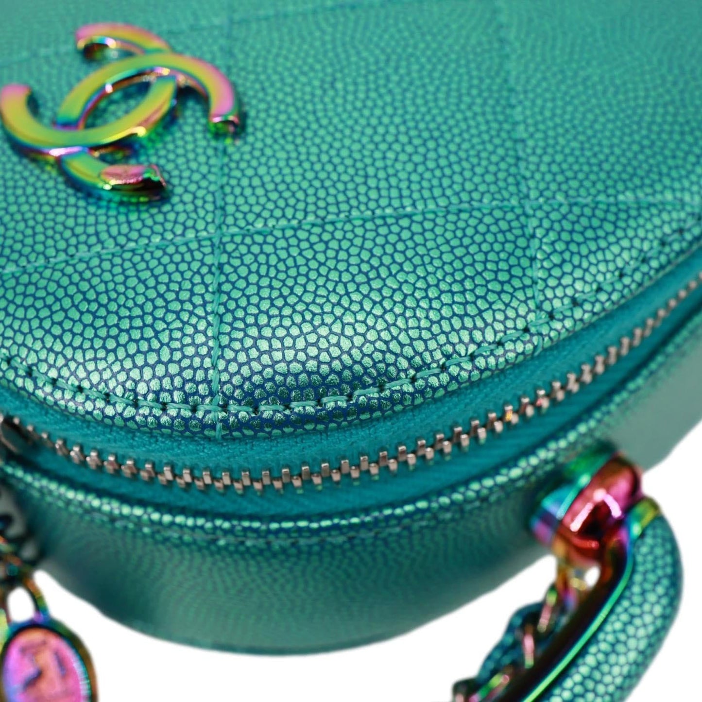 CHANEL Metallic Oval Quilted Caviar Leather Camera Bag Turquoise