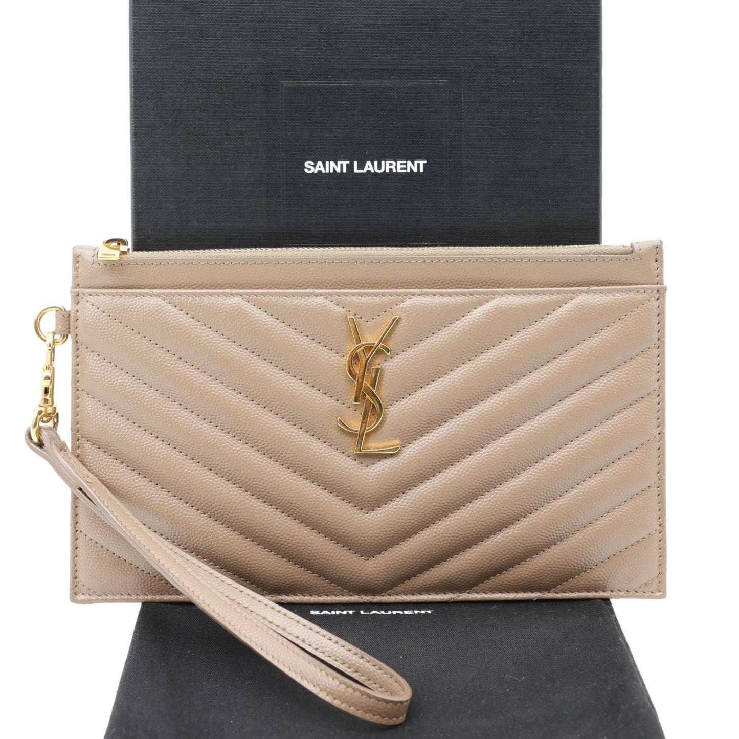 YVES SAINT LAURENT Large Bill Monogram Grain De Poudre Pouch Beige