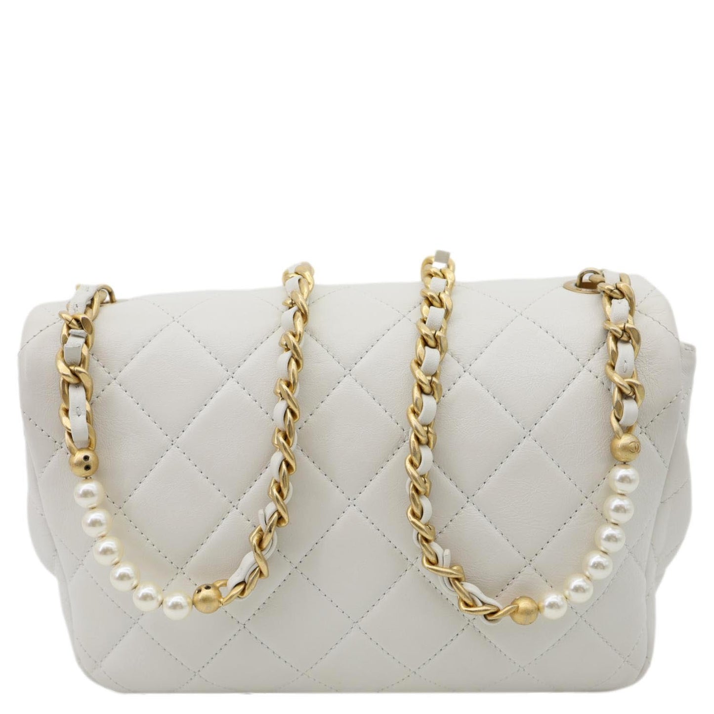 CHANEL Pearl Side Flap Quilted Leather Crossbody Bag White