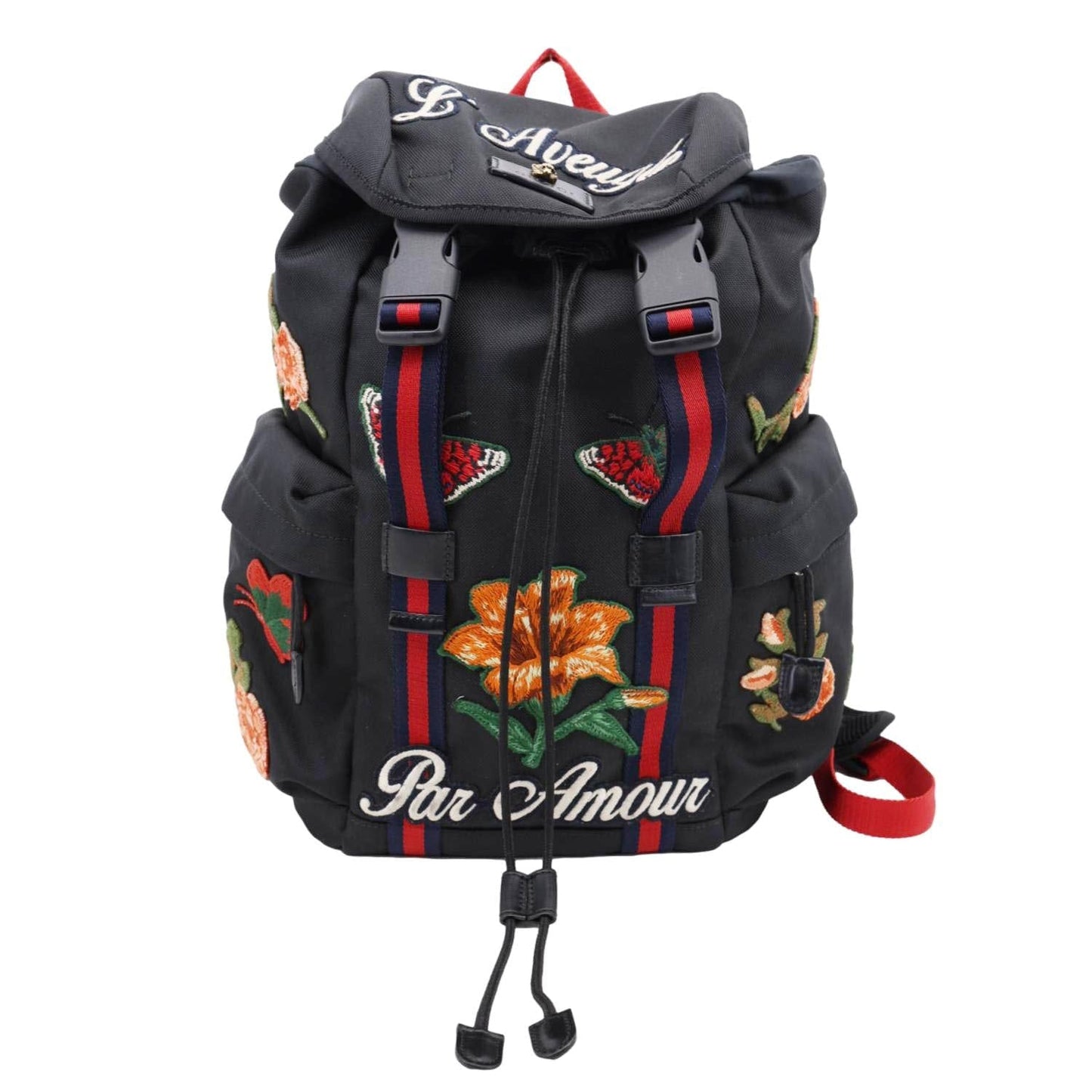 GUCCI L'Aveugle Par Amour Embroidered Techno Web Canvas Backpack Black 478327