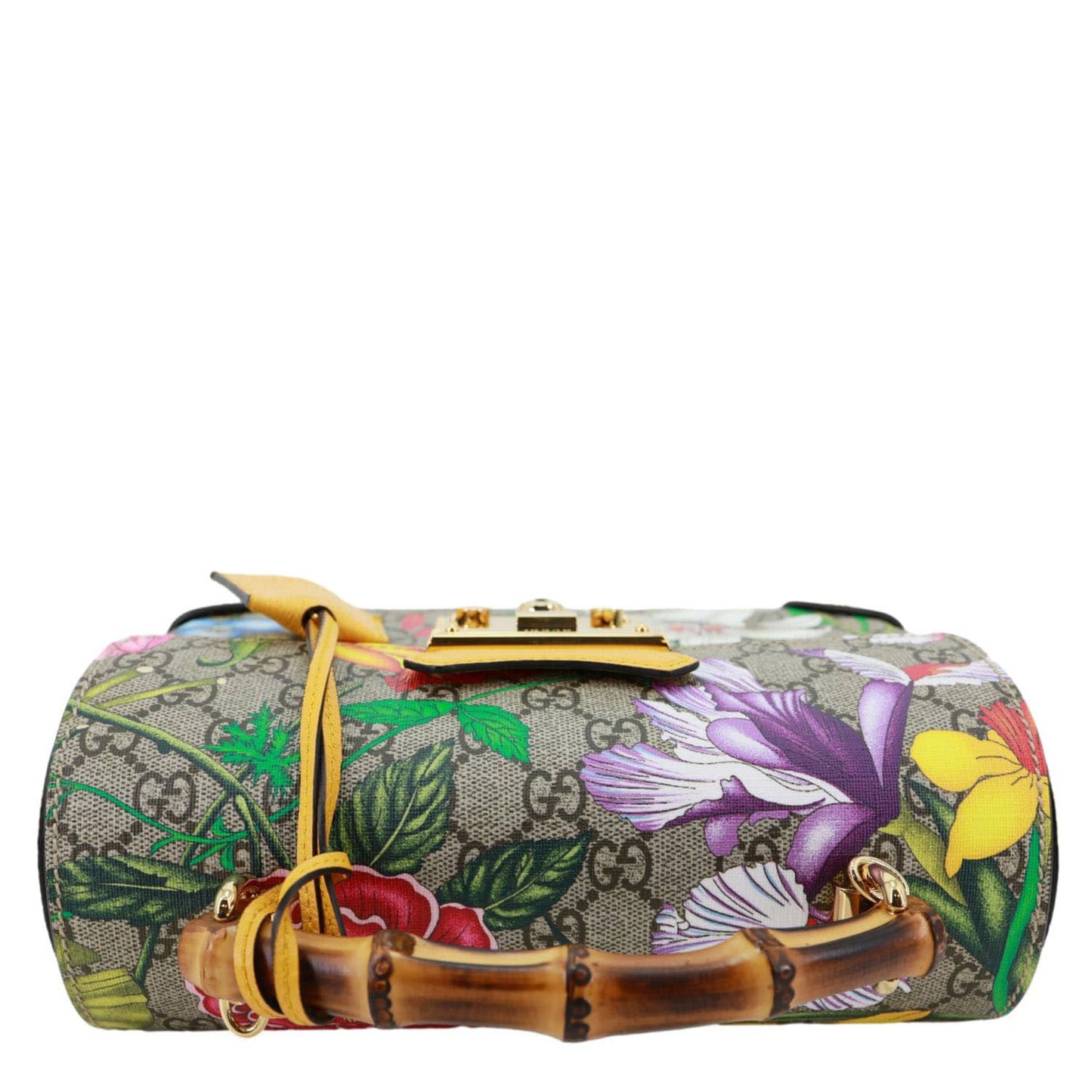 GUCCI Padlock Bamboo Flora GG Supreme Canvas Shoulder Bag Beige 603221