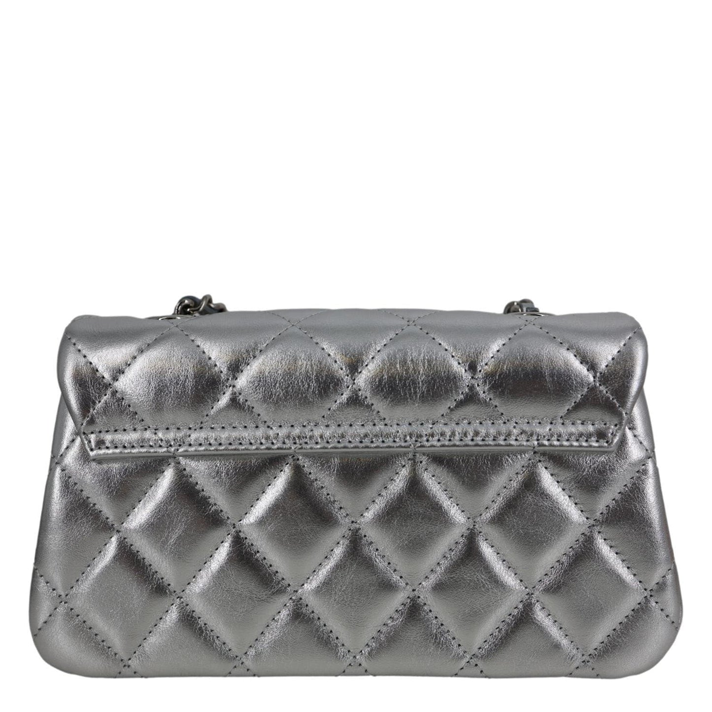 CHANEL Metallic O Phone Holder Quilted Lambskin Leather Chain Bag Silver