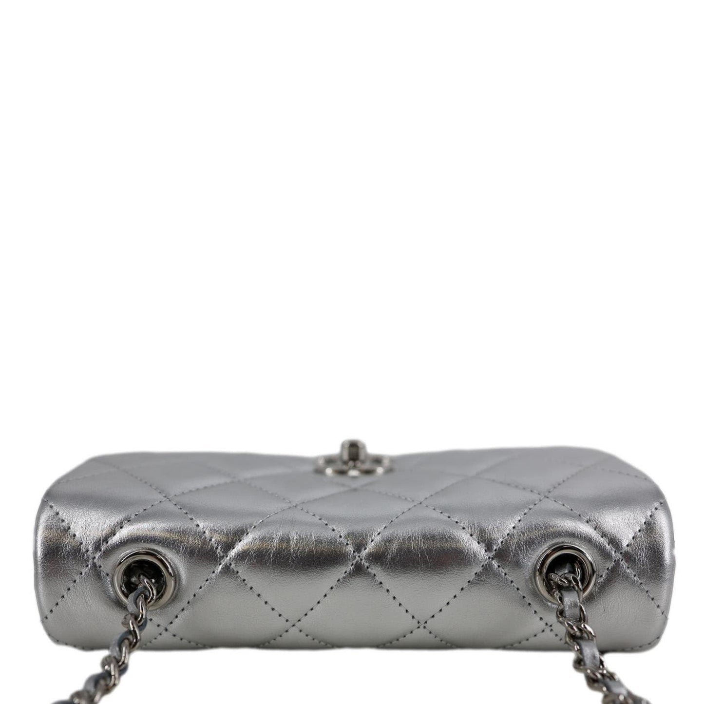 CHANEL Metallic O Phone Holder Quilted Lambskin Leather Chain Bag Silver