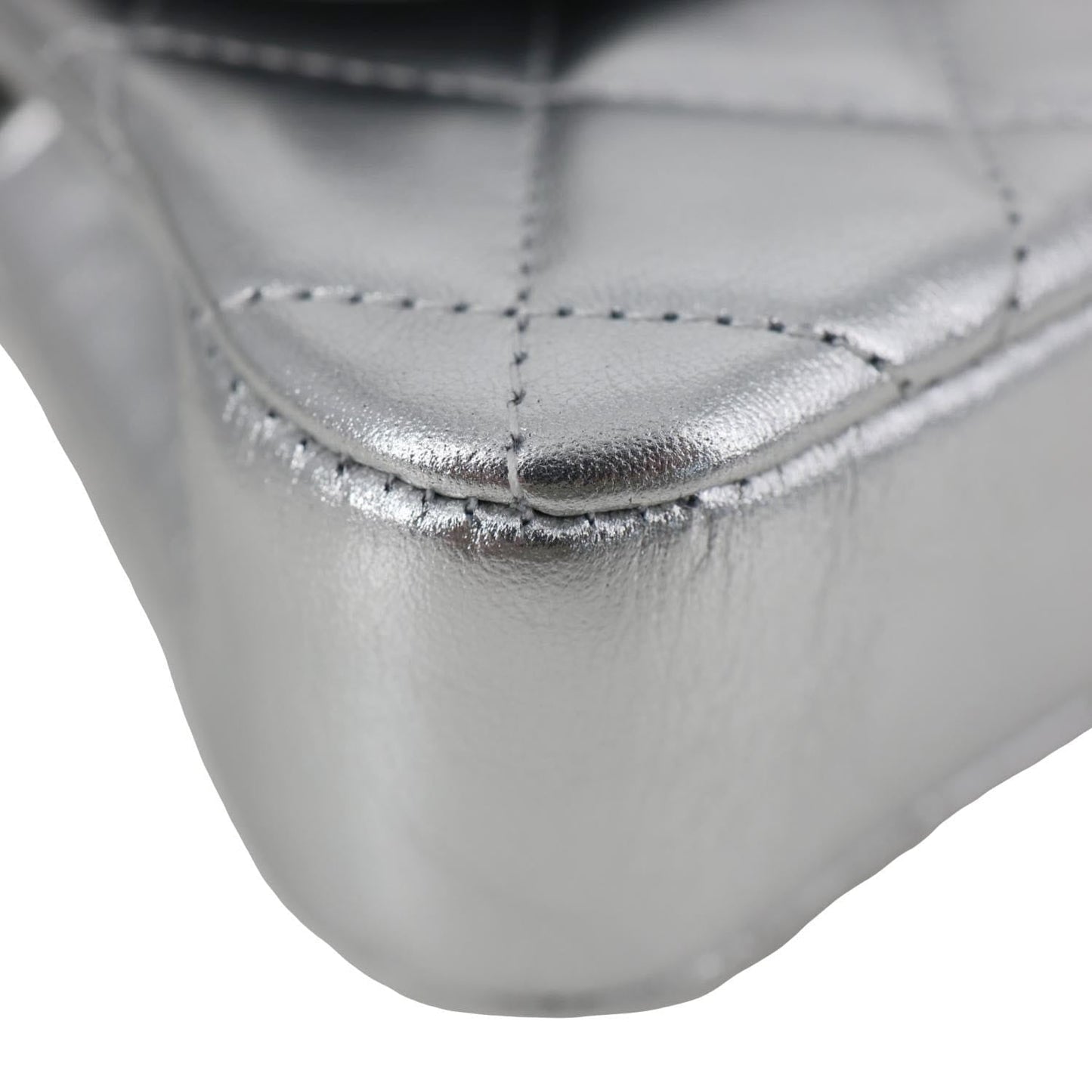 CHANEL Metallic O Phone Holder Quilted Lambskin Leather Chain Bag Silver