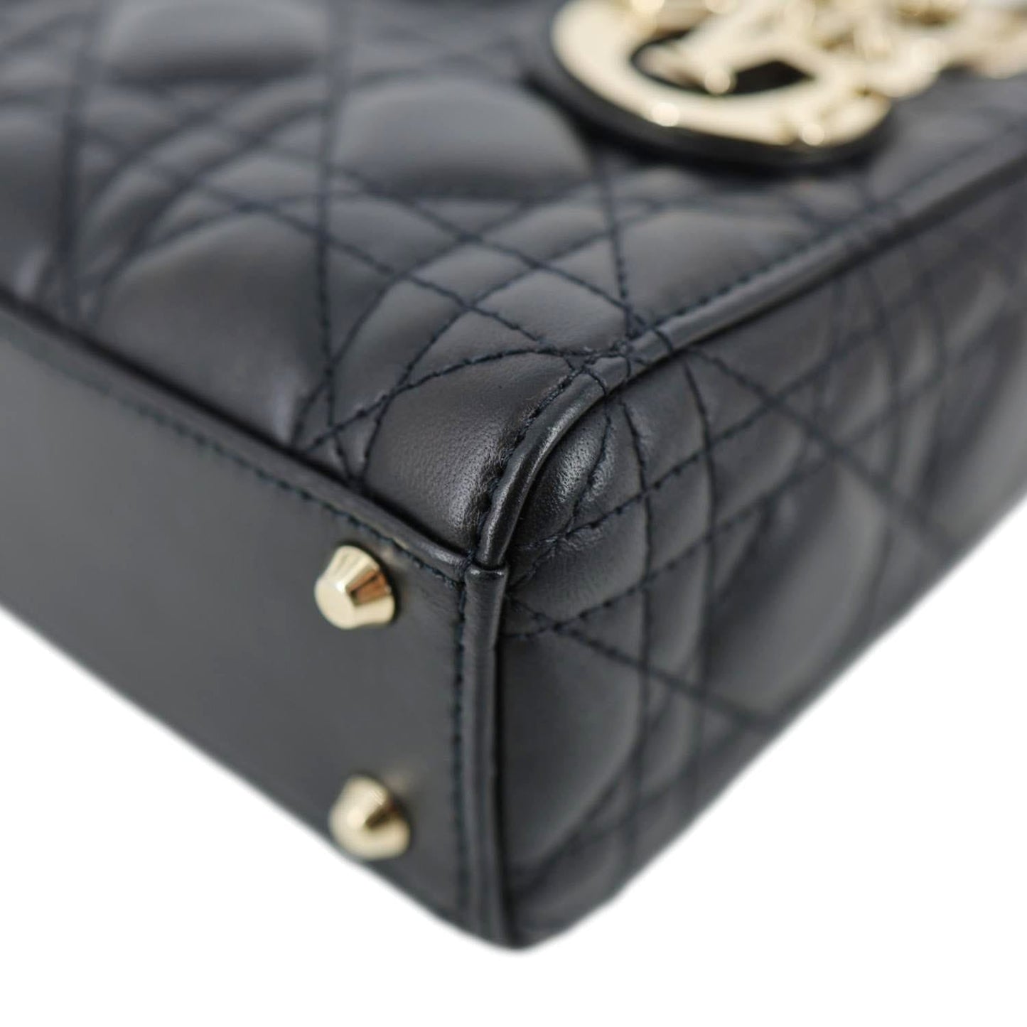 CHRISTIAN DIOR Lady Dior Mini Cannage Lambskin Leather Tote Shoulder Bag Black