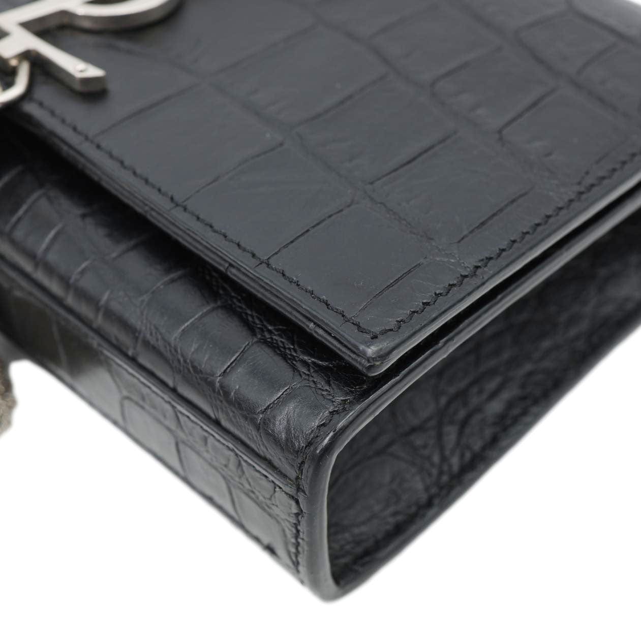 YVES SAINT LAURENT Kate Tassel Crocodile Embossed Leather Crossbody Bag Black