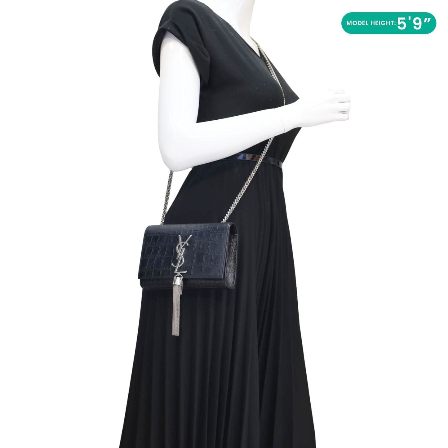 YVES SAINT LAURENT Kate Tassel Crocodile Embossed Leather Crossbody Bag Black