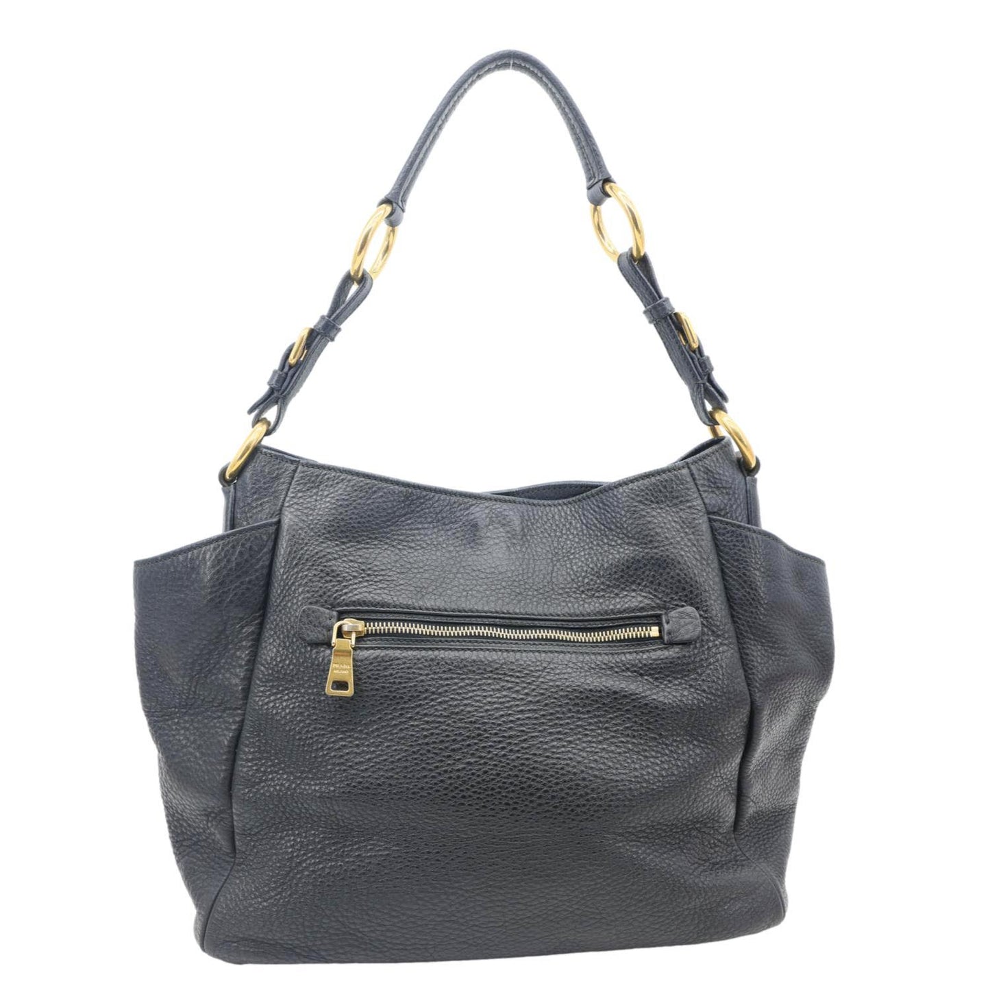 PRADA Vitello Daino Front Zip Leather Hobo Bag Black