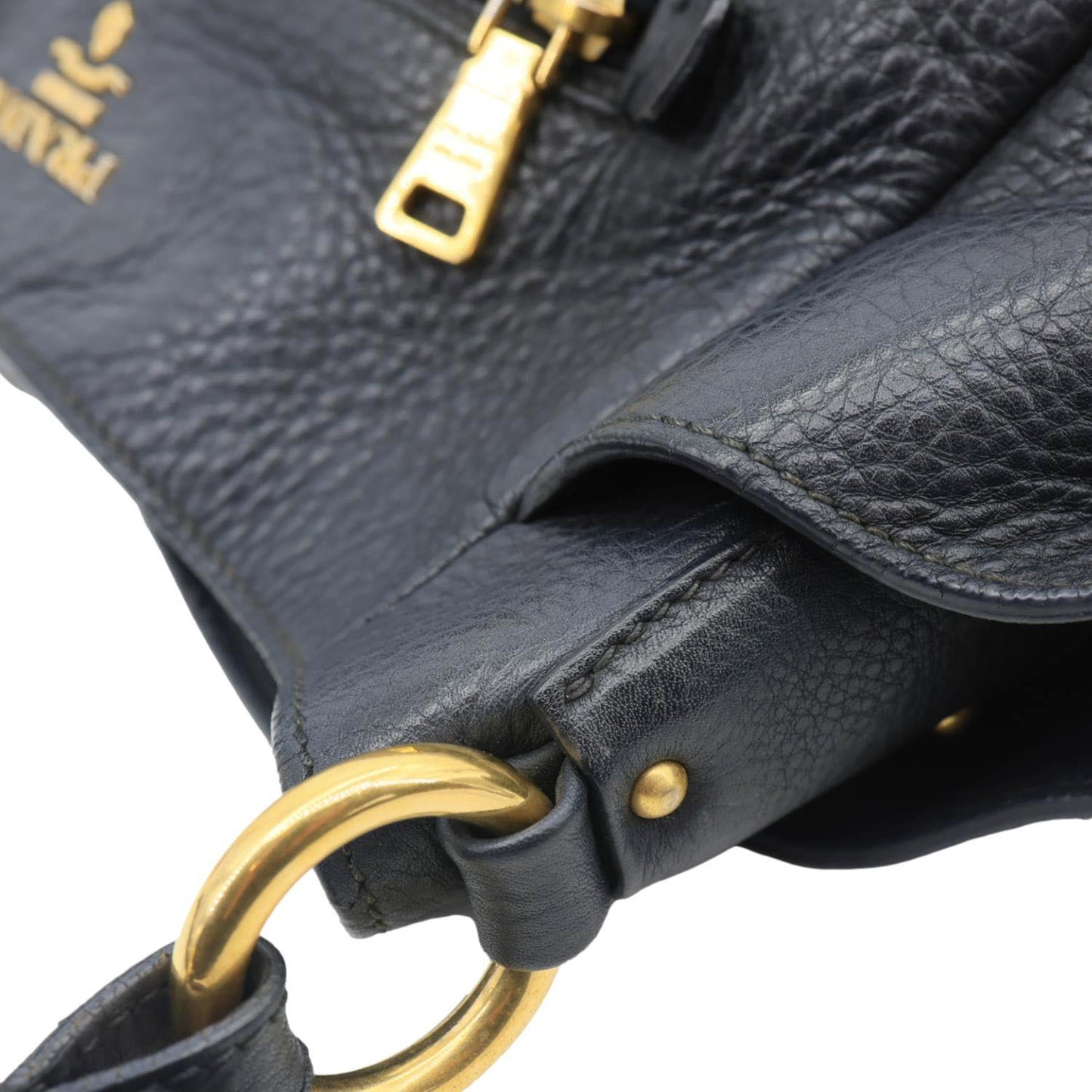 PRADA Vitello Daino Front Zip Leather Hobo Bag Black